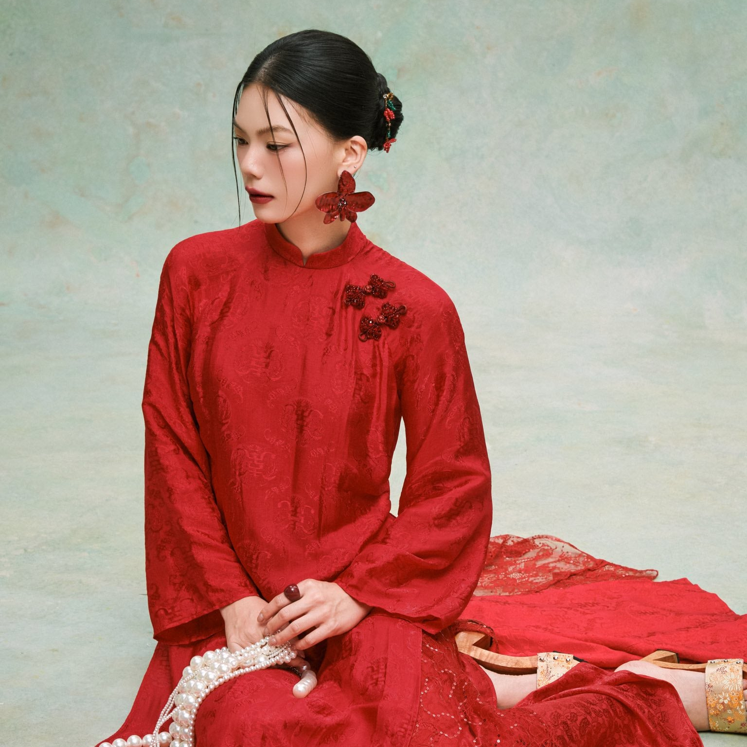 "Mai Châu" Áo Dài Set - Silk & Sequined layers in Red
