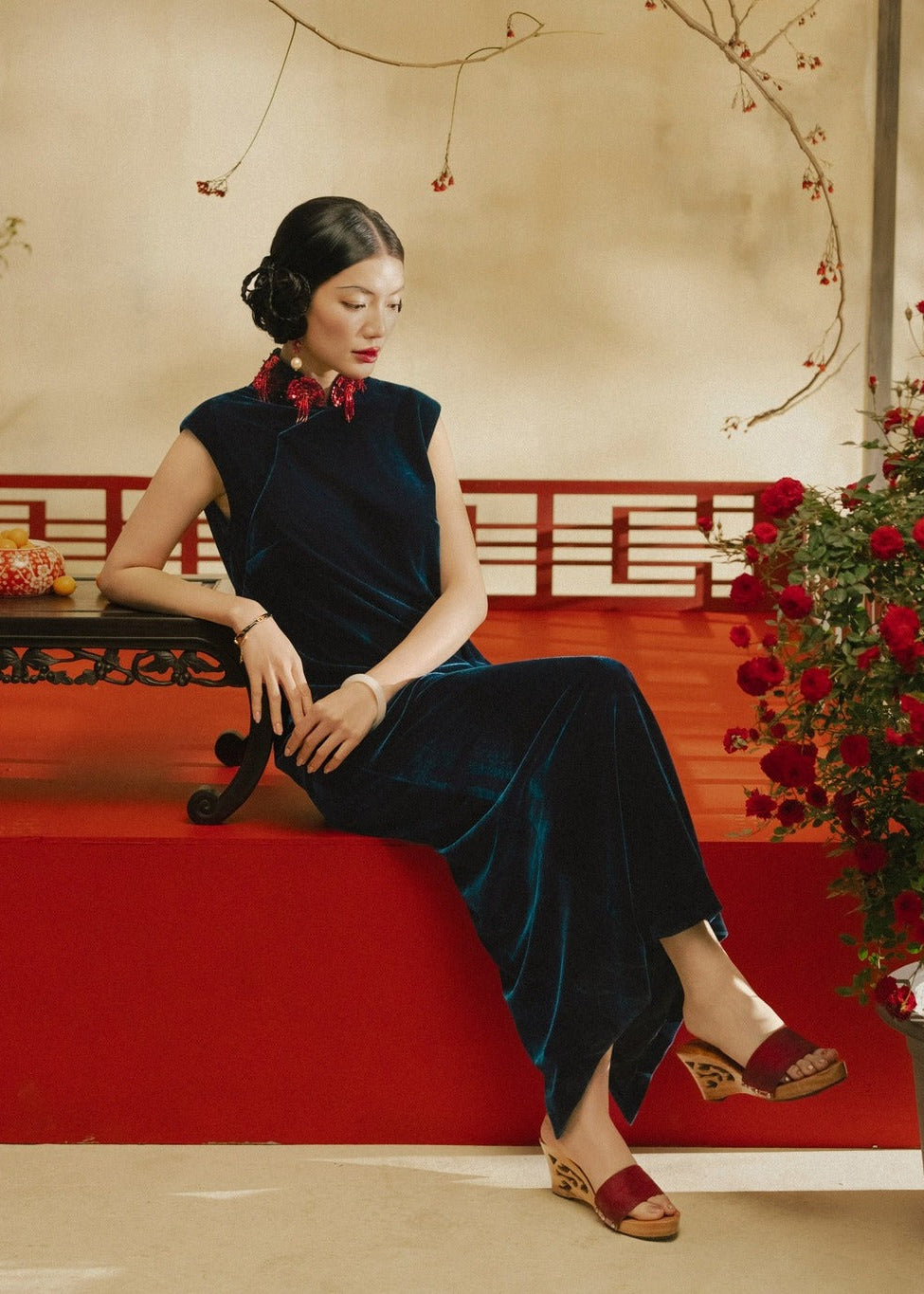 “Tường Thanh” Dress – Sequined Velvet Mandarin-collared Dress in Midnight Teal - side profile by Lalin