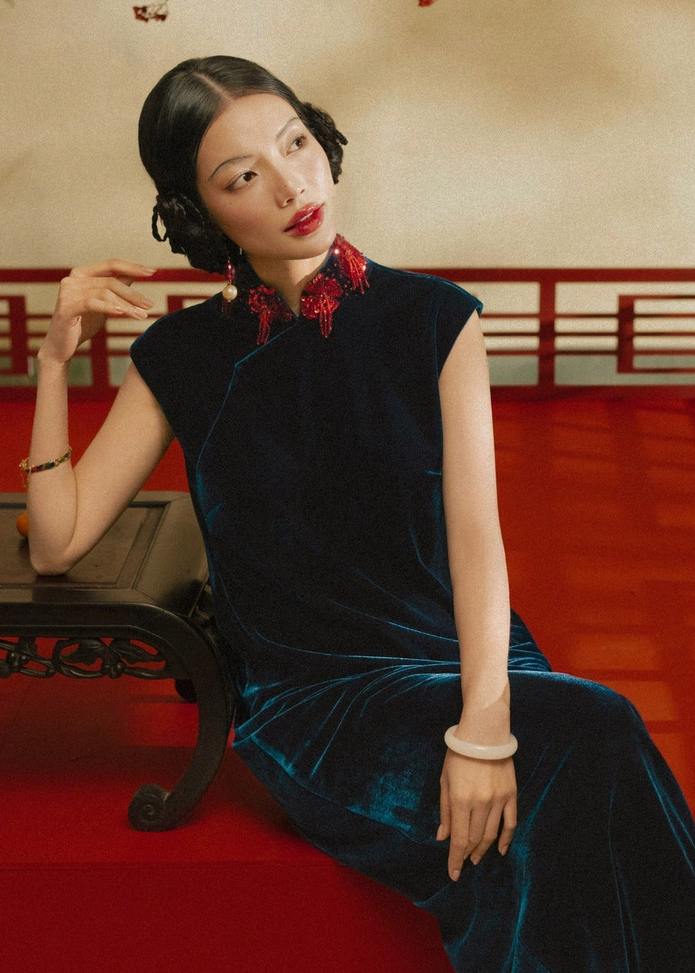 “Tường Thanh” Dress – Sequined Velvet Mandarin-collared Dress in Midnight Teal - front view by Lalin