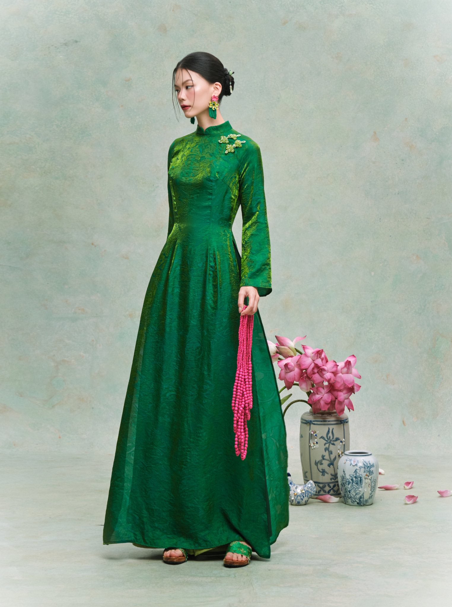 Vietnamese Ao Dai - Diệp Ngọc Ao-dai Set - Double-Layer Tencel Silk in Emerald Green - front view in green by HOIVU