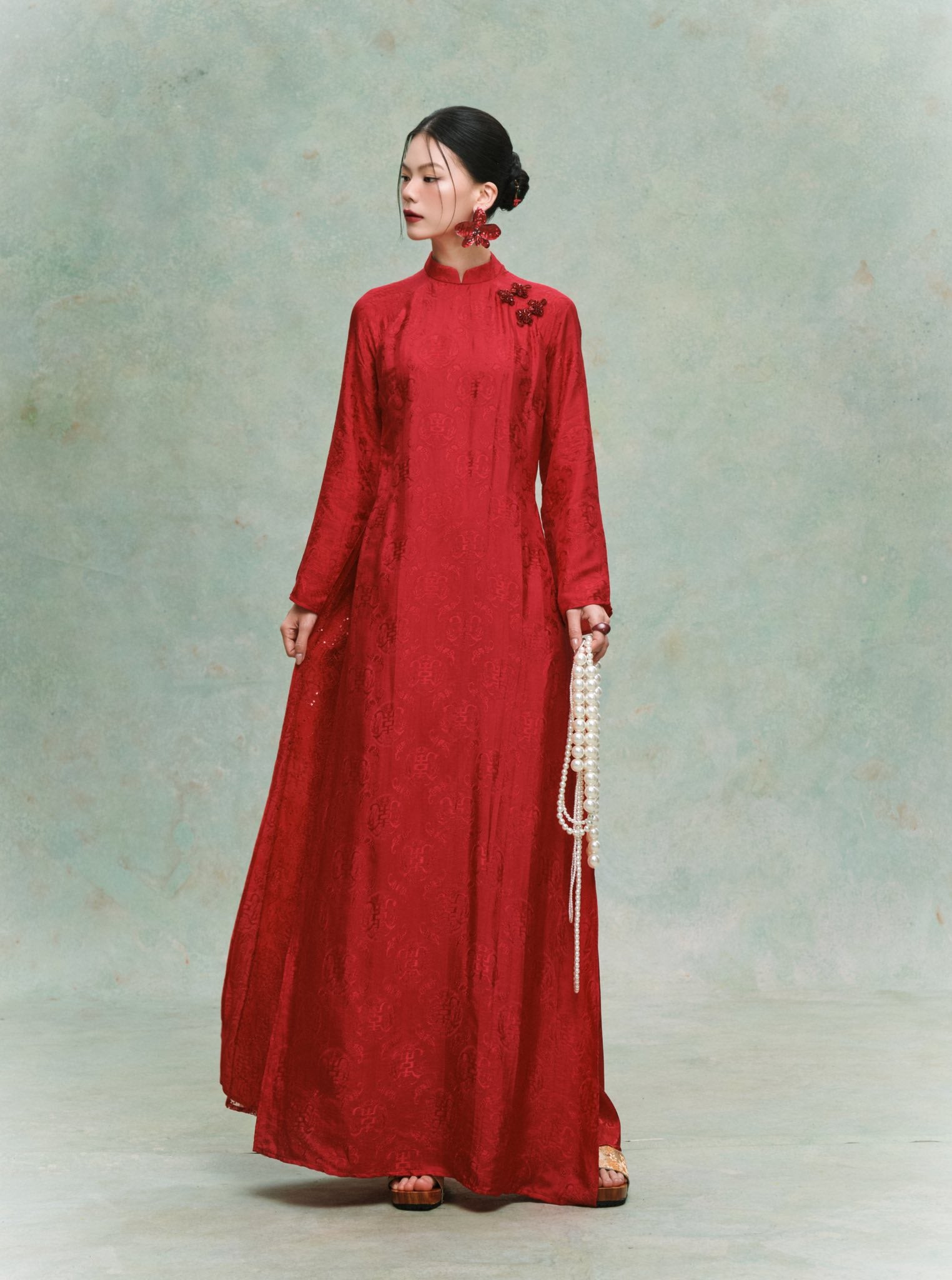 "Mai Châu" Áo Dài Set - Silk & Sequined layers in Red