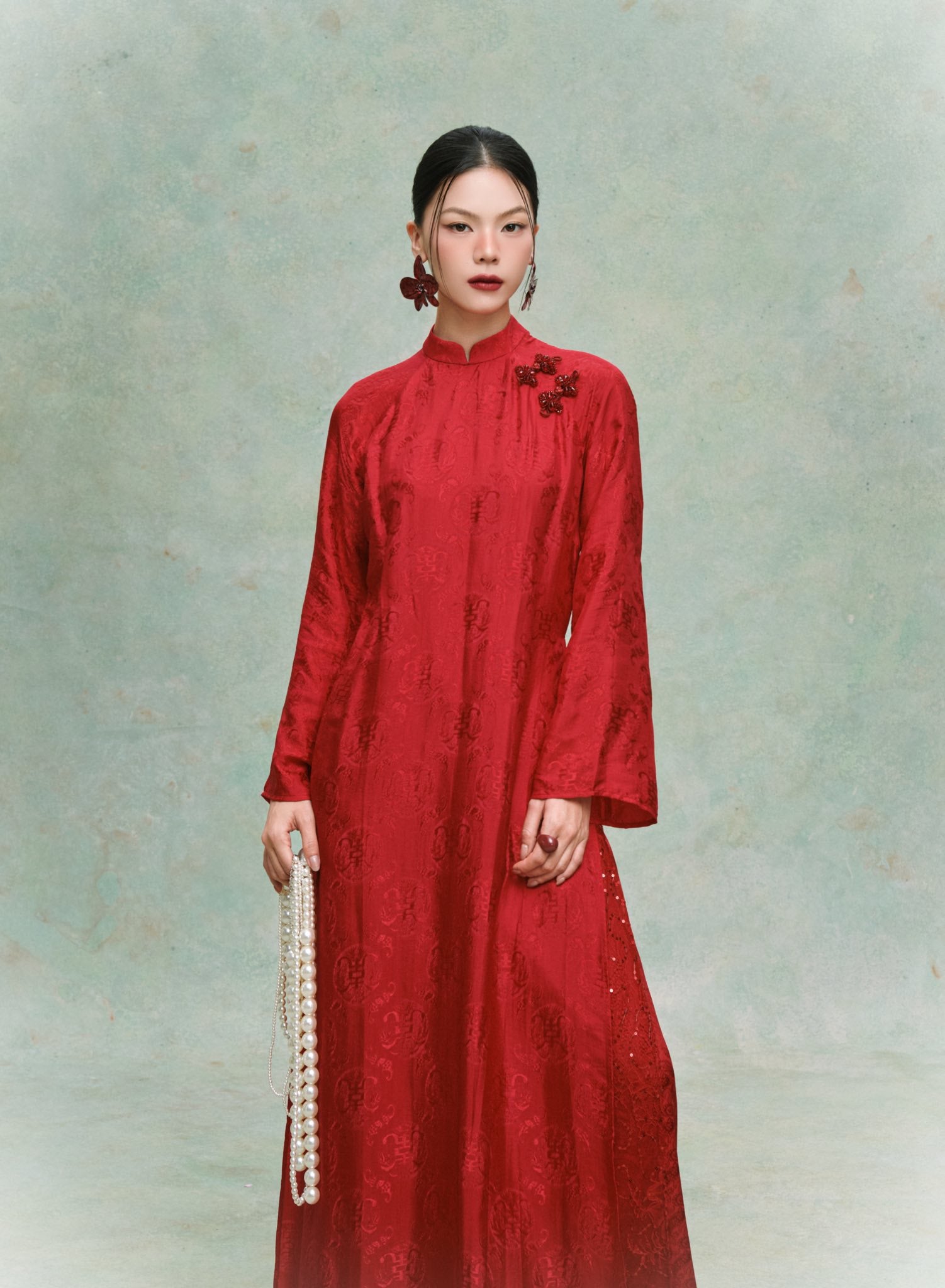 Vietnamese Ao Dai - Mai Châu Áo Dài Set - Silk & Sequined layers - front view in brocade in red by HOIVU