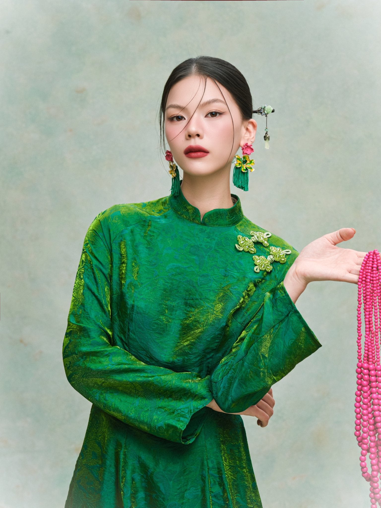 Diệp Ngọc Ao-dai Set - Double-Layer Tencel Silk in Emerald Green - front view by HOIVU