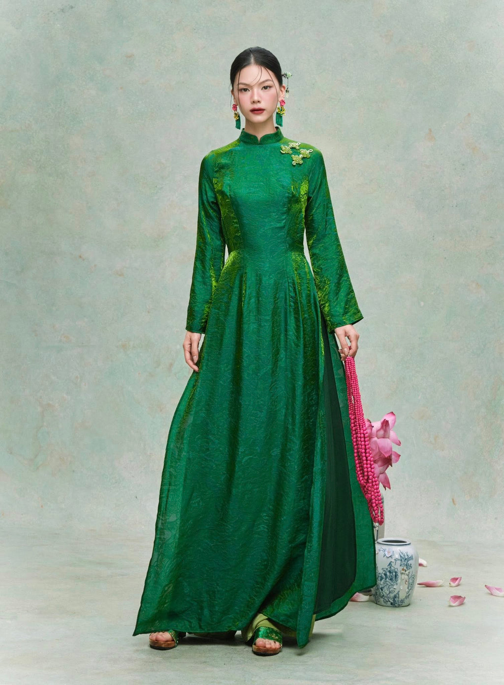 "Diệp Ngọc" Ao-dai Set - Double-Layer Tencel Silk in Emerald Green