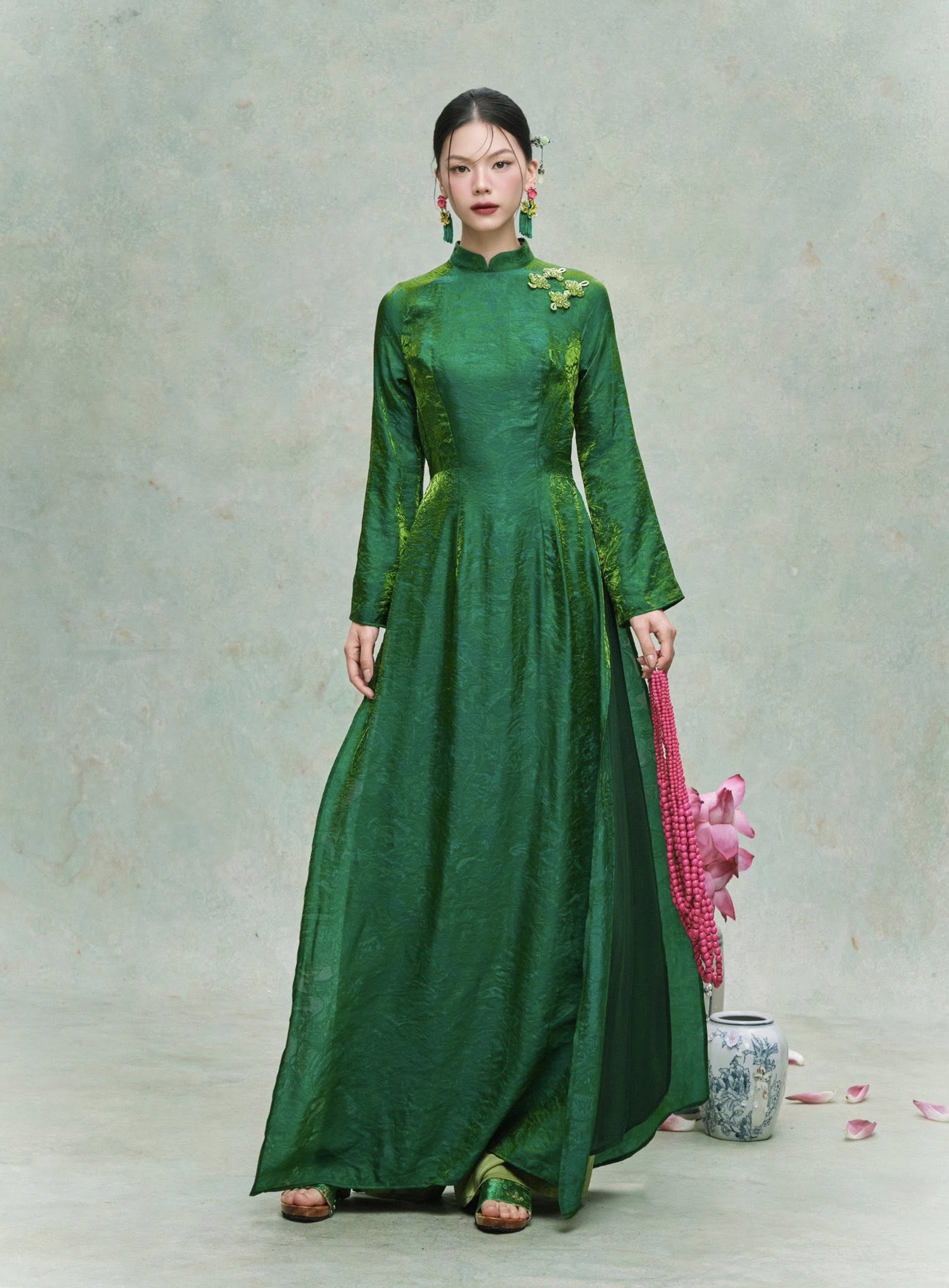 Vietnamese Ao Dai - Diệp Ngọc Ao-dai Set - Double-Layer Tencel Silk in Emerald Green - front view in green by HOIVU