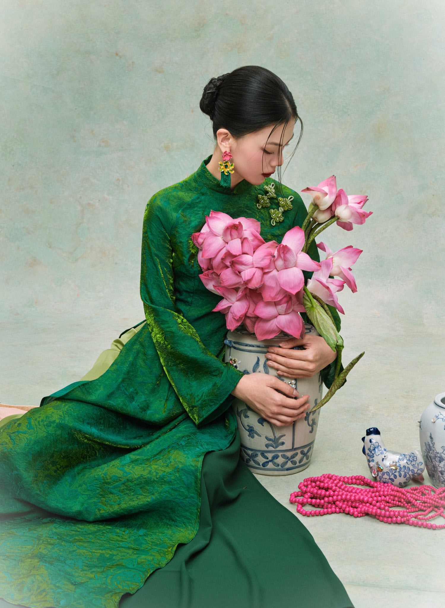 Vietnamese Ao Dai - Diệp Ngọc Ao-dai Set - Double-Layer Tencel Silk in Emerald Green - styled presentation in green by HOIVU