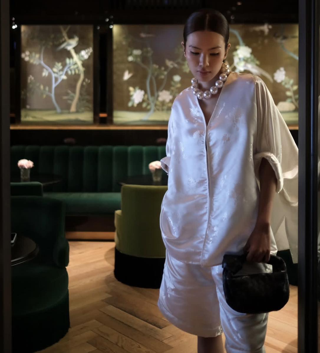 "Rita" Short Modernized Bà Ba Set - Brocade Silk in Pearl Ivory