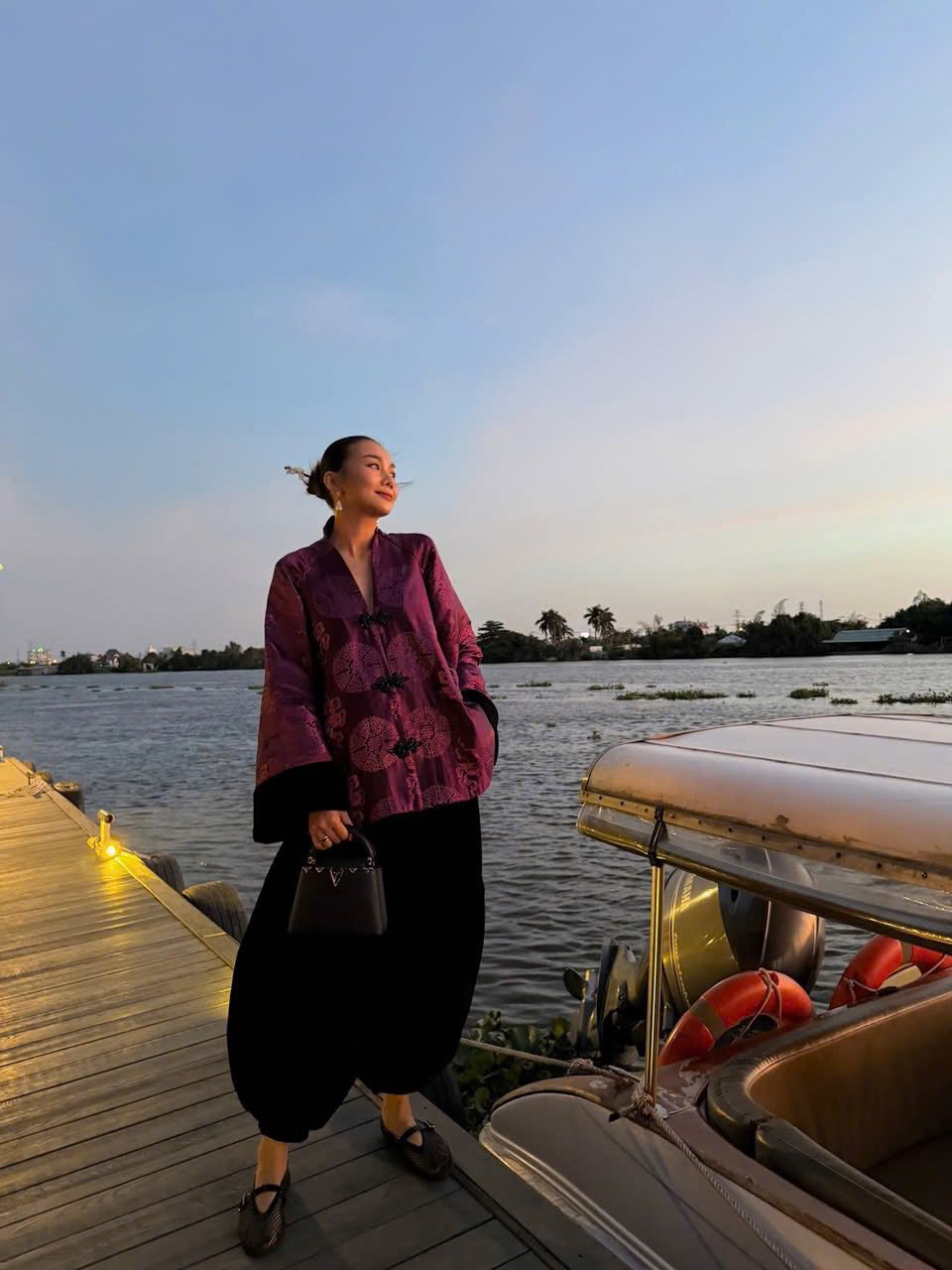 Vietnamese Embroidery - “Brocade Poise” Top - Premium Brocade in Silky Magenta - styled presentation in purple by Bonjour