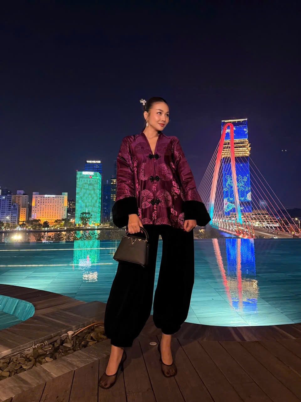 Vietnamese Embroidery - “Brocade Poise” Top - Premium Brocade in Silky Magenta - front view in purple by Bonjour