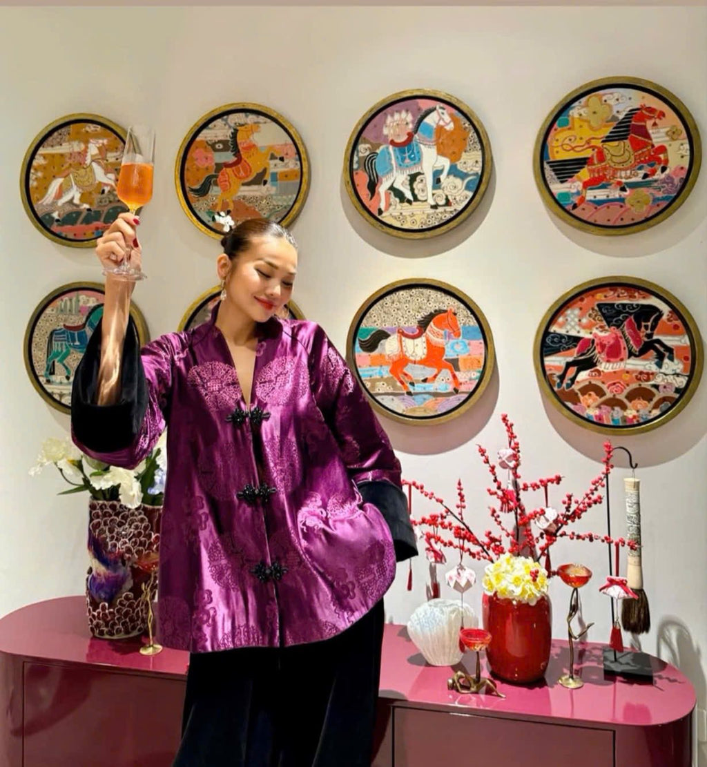 Vietnamese Embroidery - “Brocade Poise” Top - Premium Brocade in Silky Magenta - styled presentation in purple by Bonjour