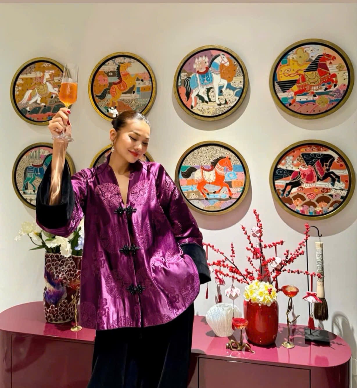 Vietnamese Embroidery - “Brocade Poise” Top - Premium Brocade in Silky Magenta - styled presentation in purple by Bonjour