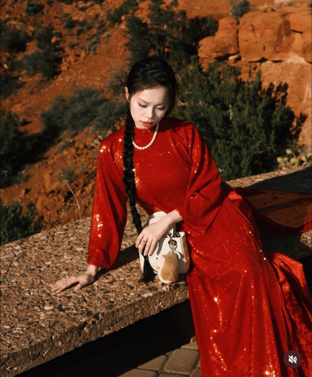 "Diệu Minh" Áo Dài Set - Sequin Ao dai in Red