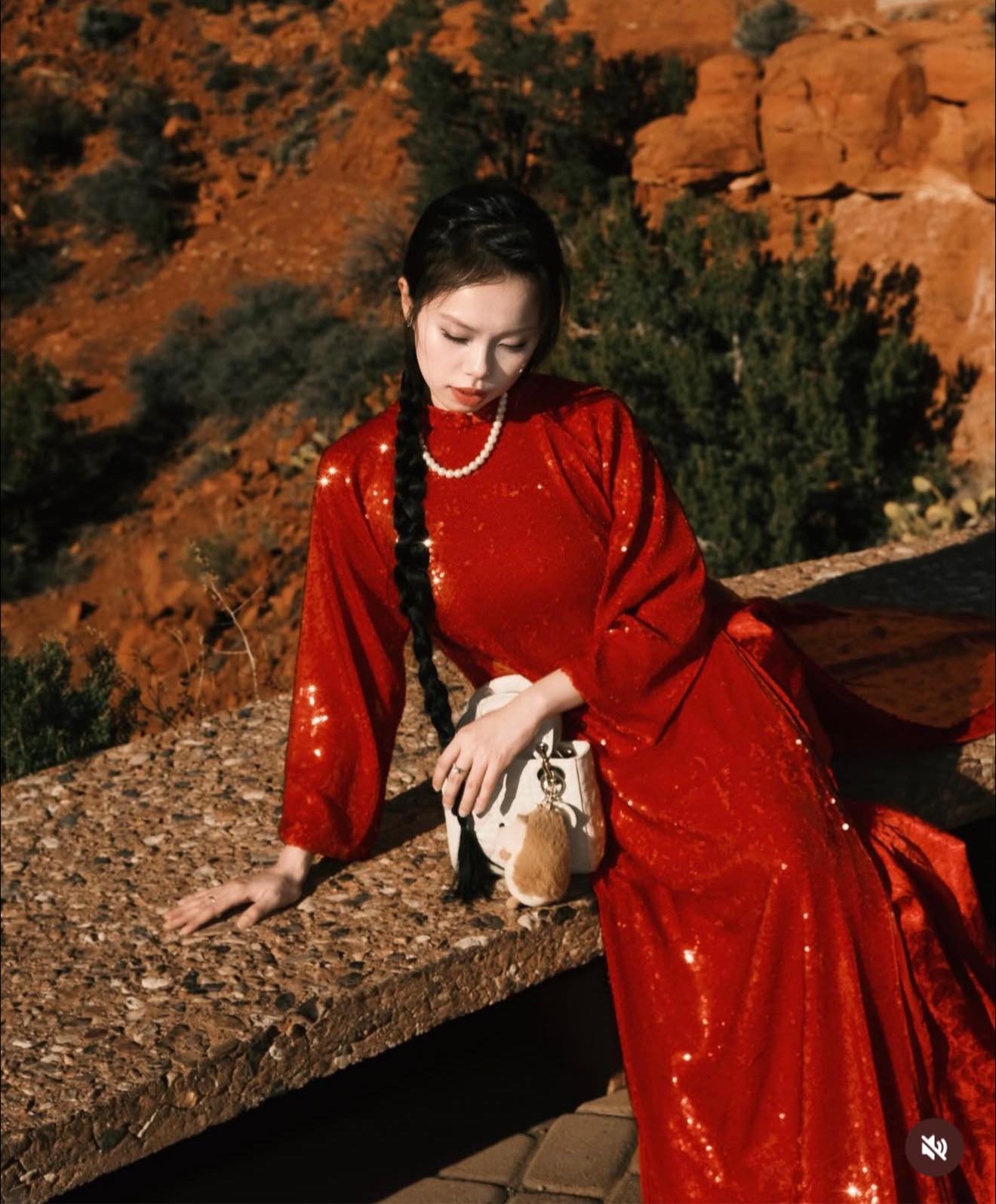 Vietnamese Ao Dai - Diệu Minh Áo Dài Set - Sequin Ao dai - styled presentation in velvet in red by HOIVU