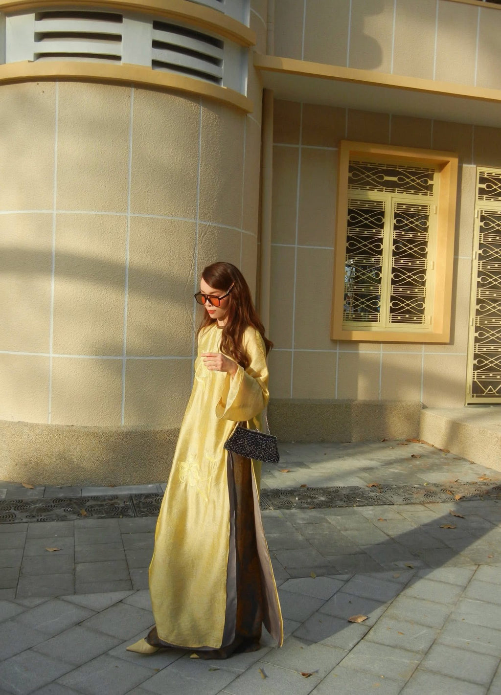 Luu Ly Ao Dai Set - Hangzhou Tencel Silk with Embroidery in Golden Willow - side profile by SY Design