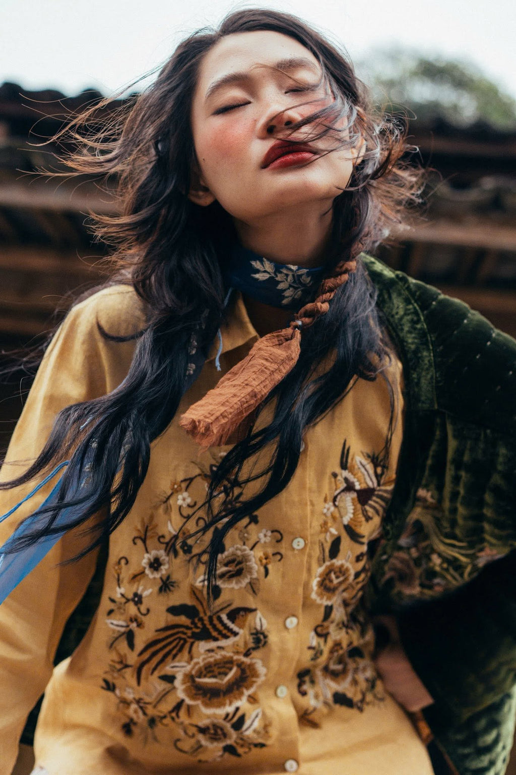 "Sequoia" -  Embroidered Linen shirt in Tobacco Brown