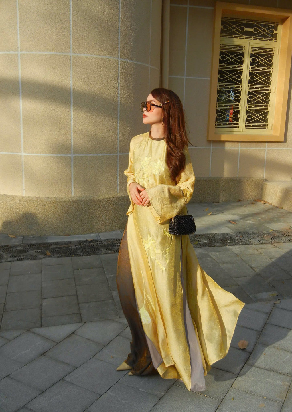 Luu Ly Ao Dai Set - Hangzhou Tencel Silk with Embroidery in Golden Willow - side profile by SY Design