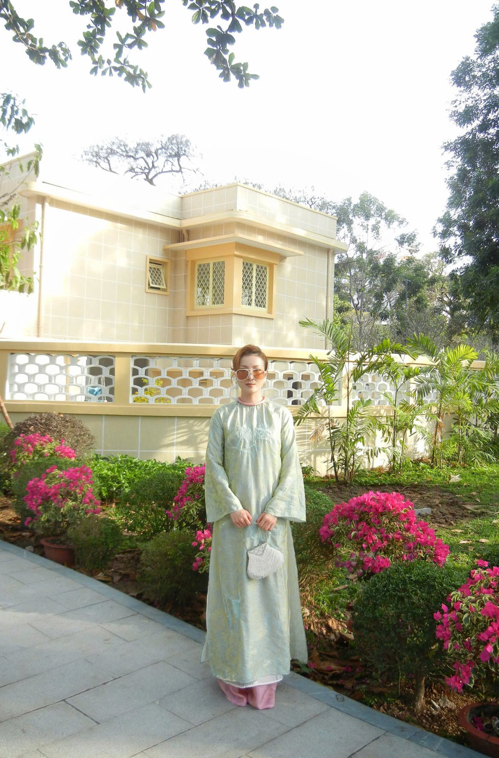 Luu Ly Ao Dai Set - Hangzhou Tencel Silk with Embroidery in Celadon Mist - front view by SY Design