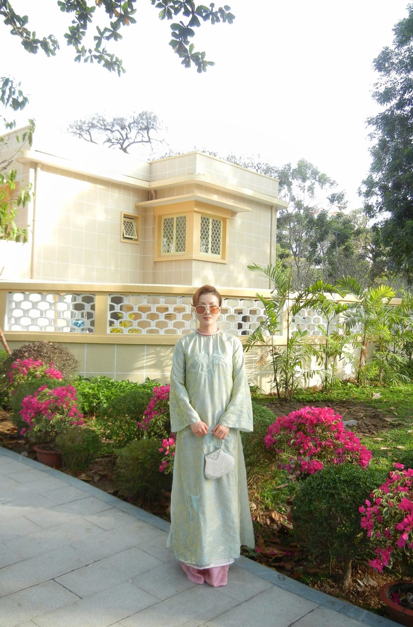 "Luu Ly" Ao Dai Set - Hangzhou Tencel Silk with Embroidery in Celadon Mist