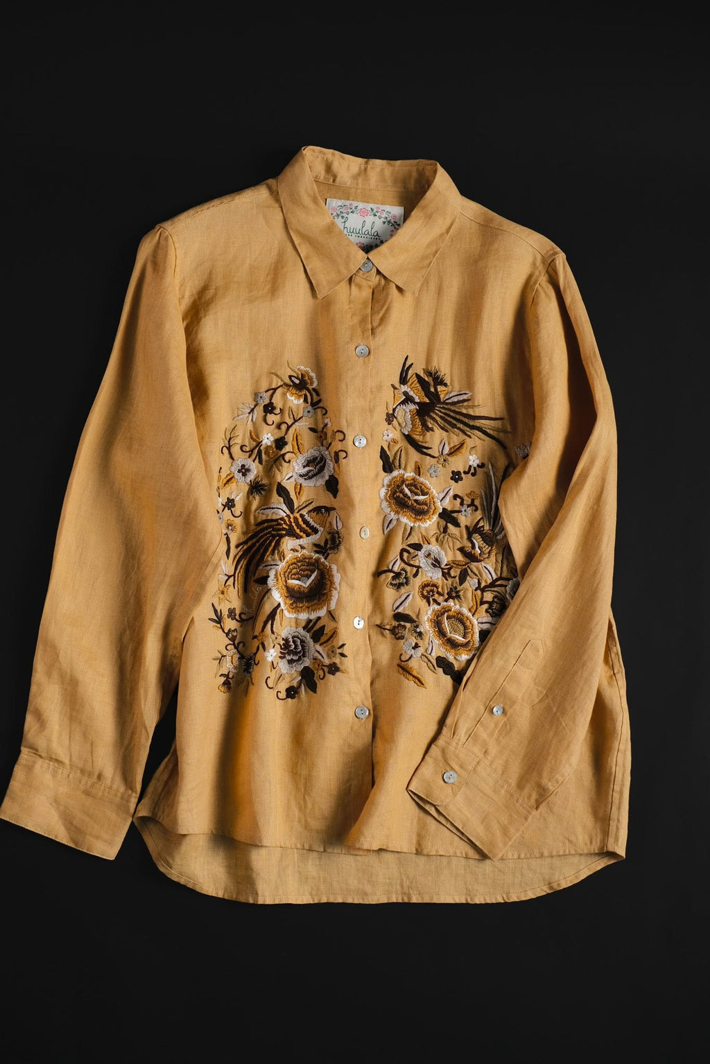 "Sequoia" -  Embroidered Linen shirt in Tobacco Brown