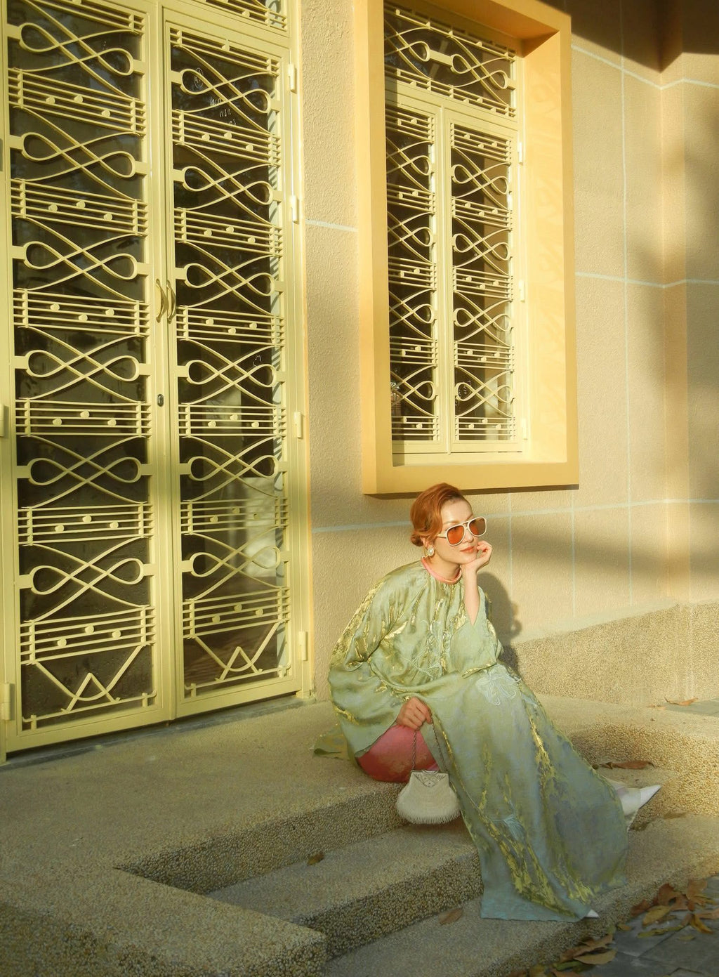 Luu Ly Ao Dai Set - Hangzhou Tencel Silk with Embroidery in Celadon Mist - styled presentation by SY Design