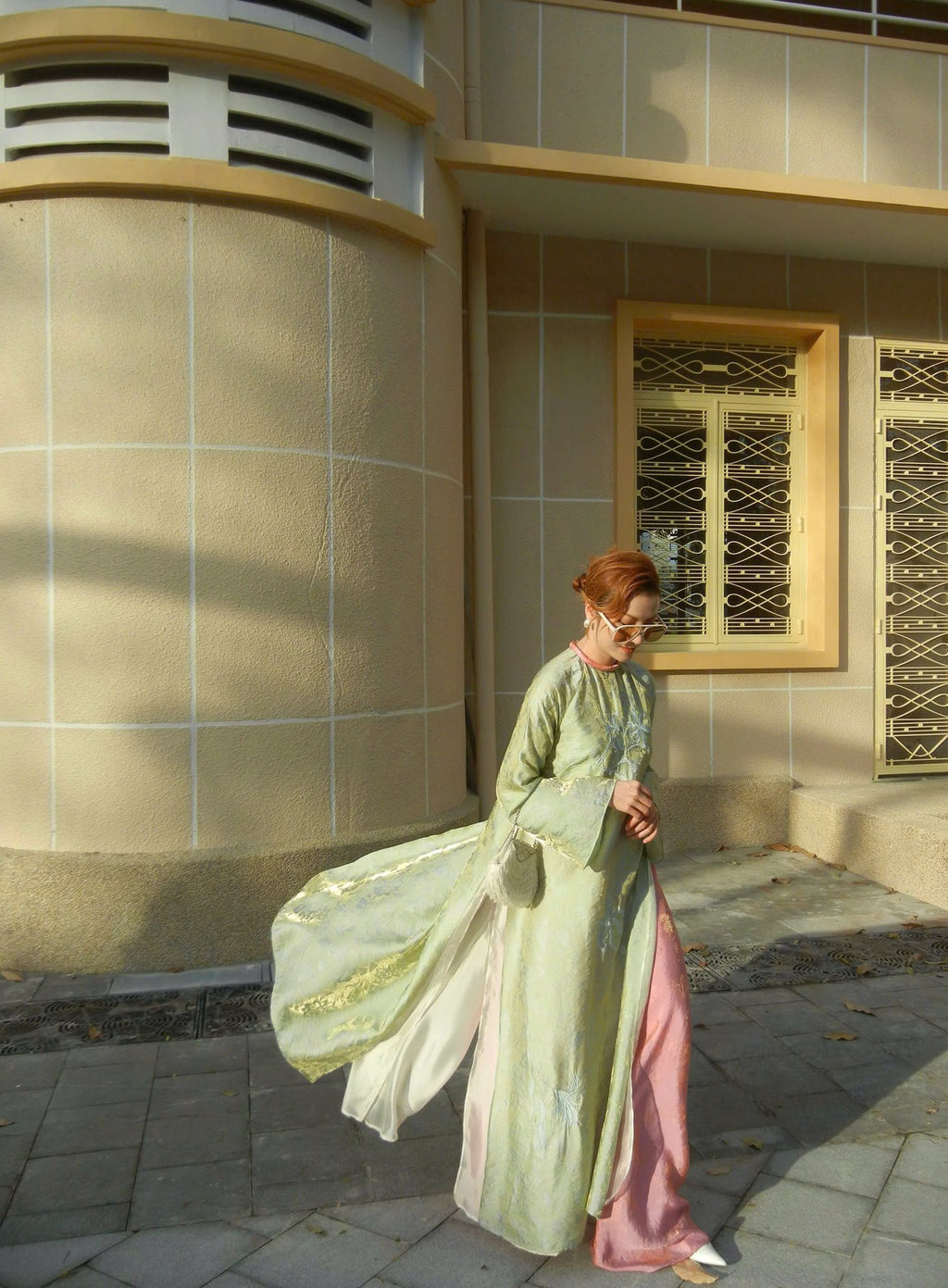 Luu Ly Ao Dai Set - Hangzhou Tencel Silk with Embroidery in Celadon Mist - styled presentation by SY Design