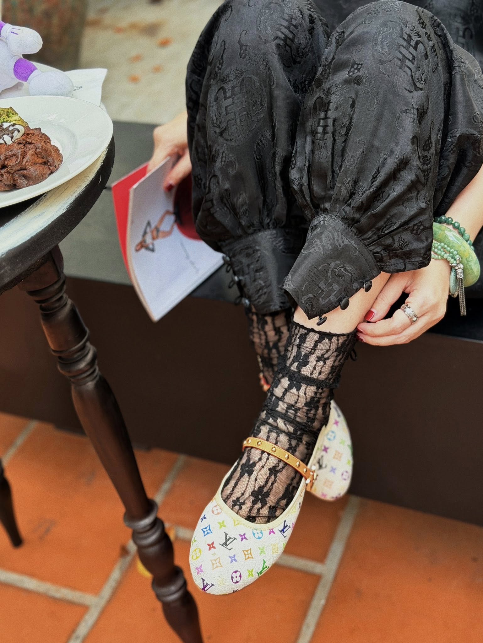 Traditional Motif - “Noir Ease” – Wormsilk Halter Top & Balloon Trouser Set - detail close-up in brocade in black by Natasa