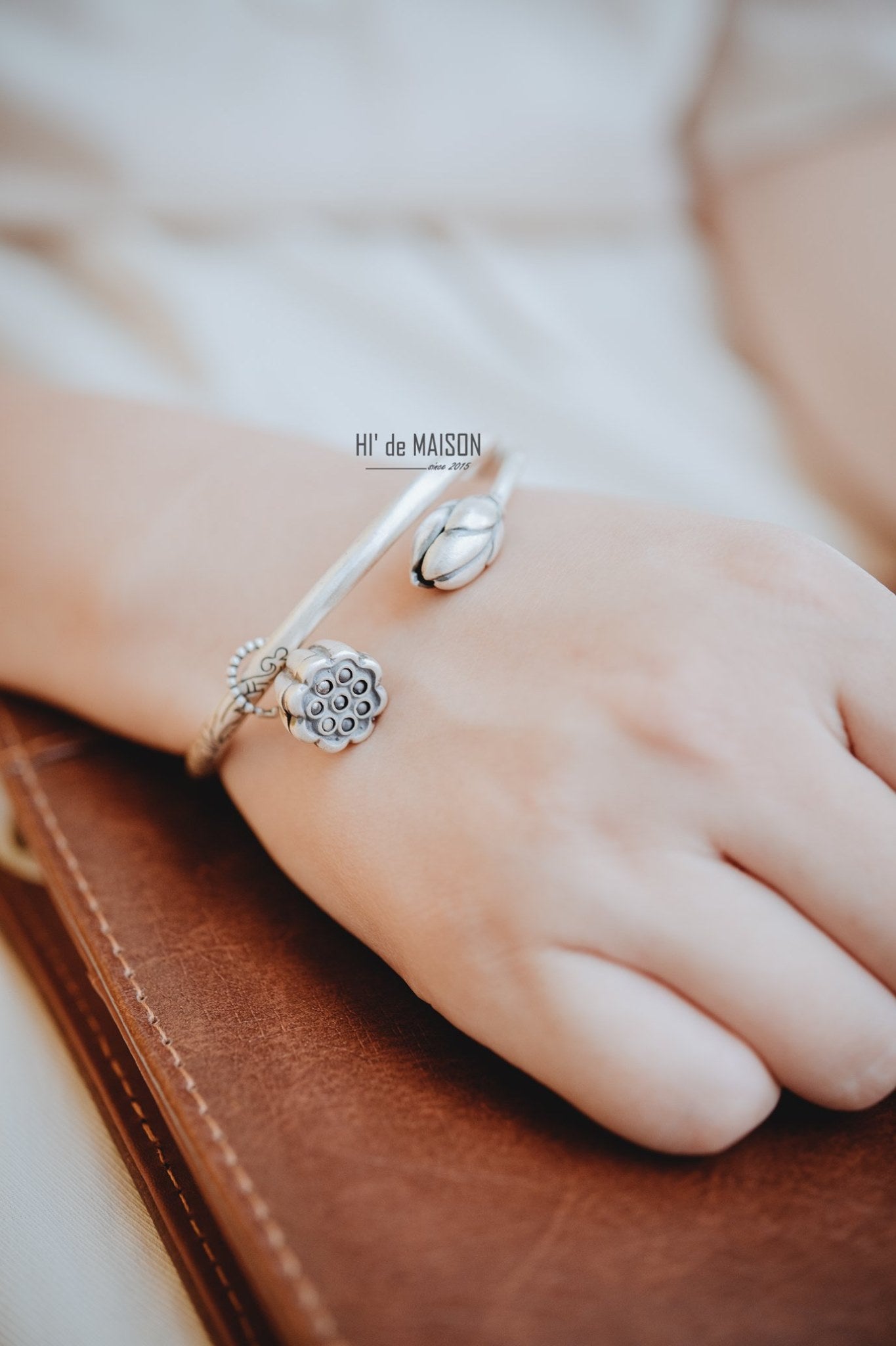 Vietnamese Silver - Hạ Liên – Fine Silver Lotus Bud Bangle - worn presentation in silver by HI de Maison