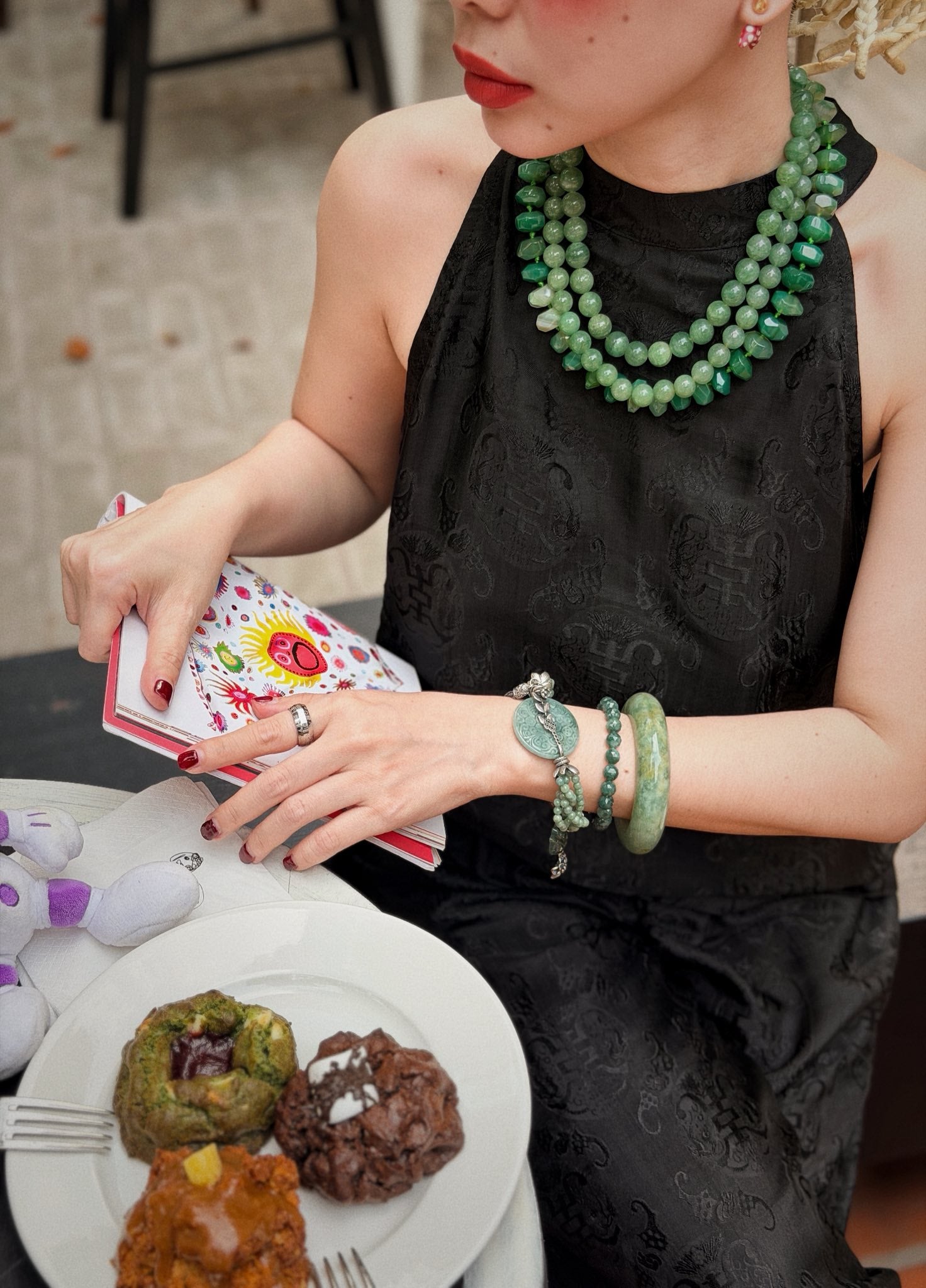Traditional Motif - “Noir Ease” – Wormsilk Halter Top & Balloon Trouser Set - detail close-up in brocade in black by Natasa