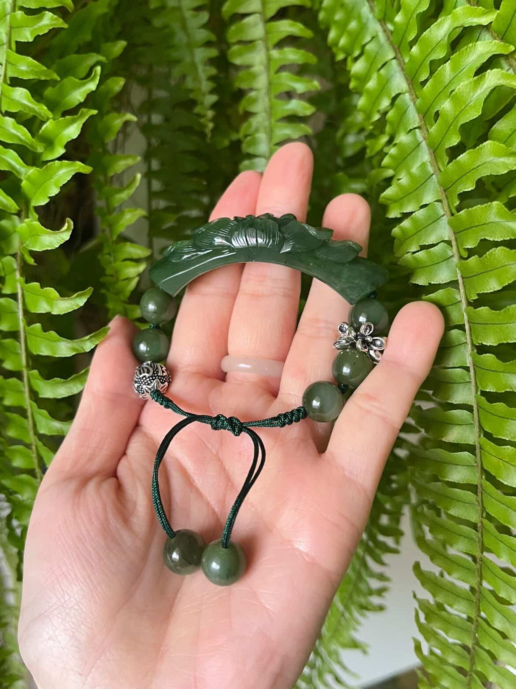 Traditional Motif - “Imperial Bloom” – Jade Bracelet with Hand-Carved Peony - front view in green by L'Orient Haus