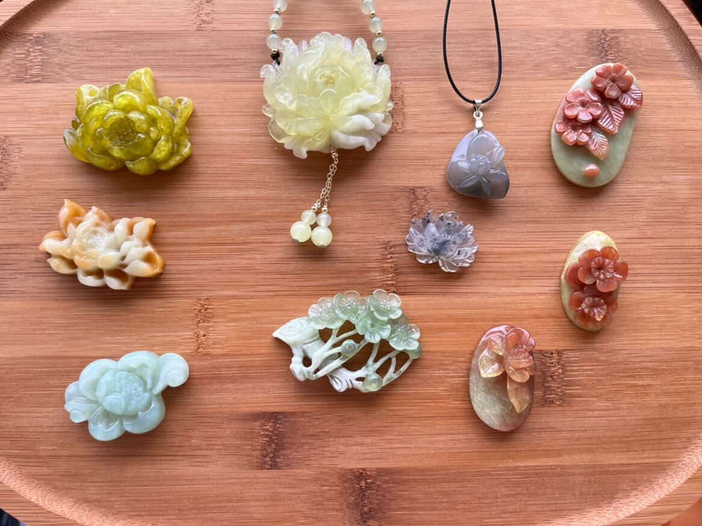 Traditional Motif - “Oliva Lotus” – Jade Necklace with Hand-Carved Lotus Pendant - flat lay display in green by L'Orient Haus