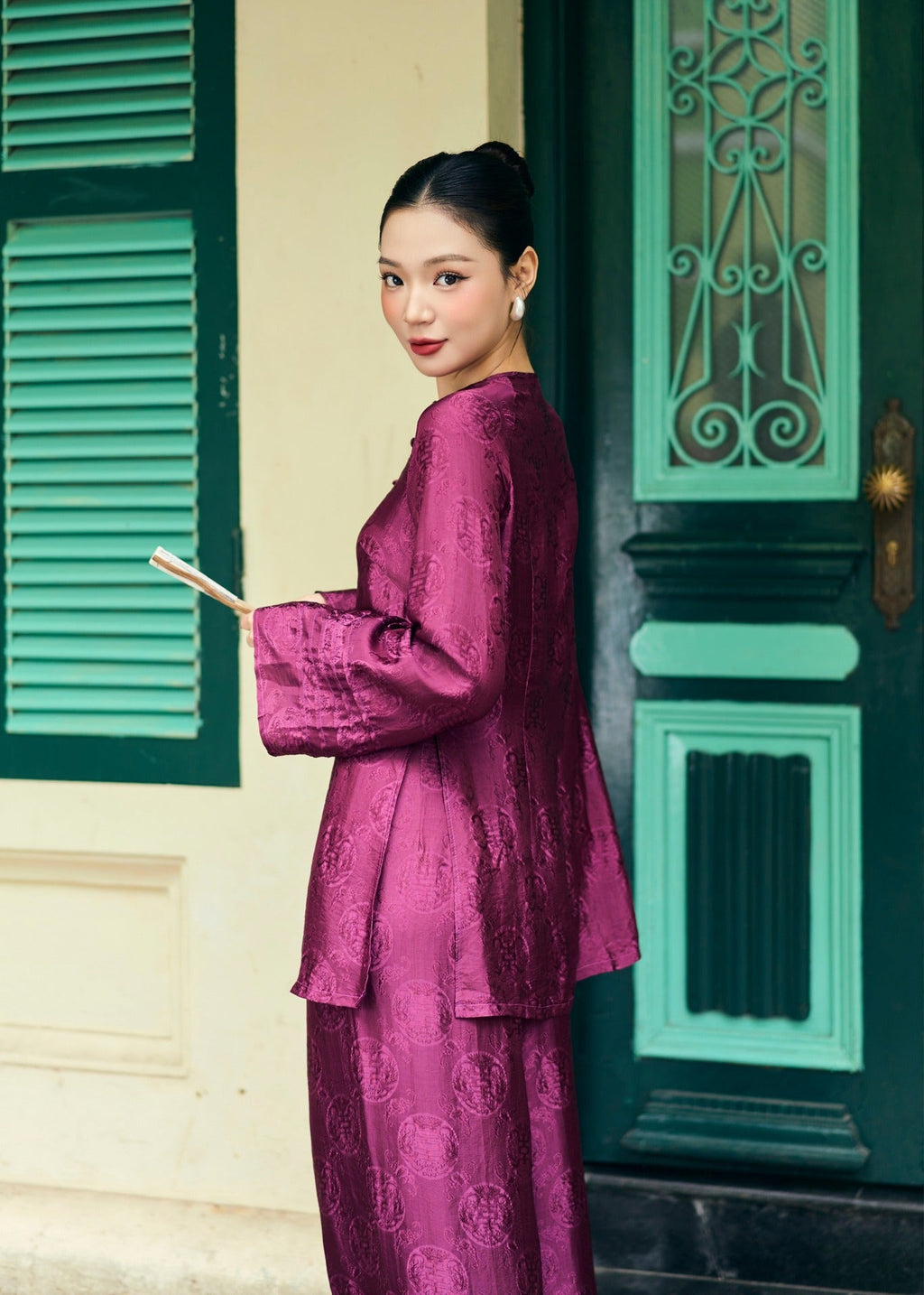 “Tú Lệ” Ba ba Set - Pleated sleeved wormsilk in Imperial Mulberry