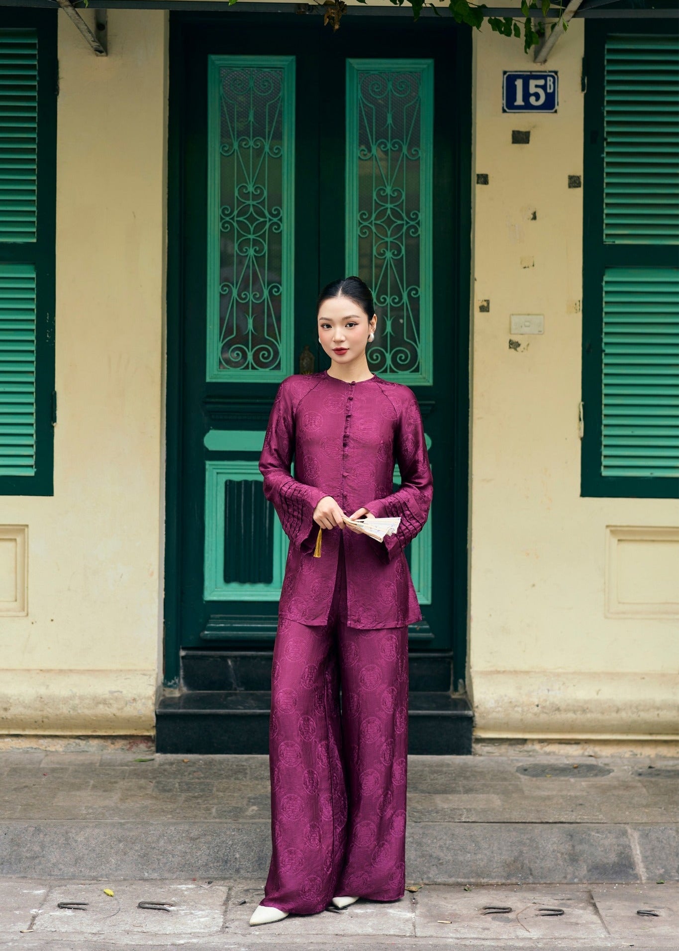 “Tú Lệ” Ba ba Set - Pleated sleeved wormsilk in Imperial Mulberry