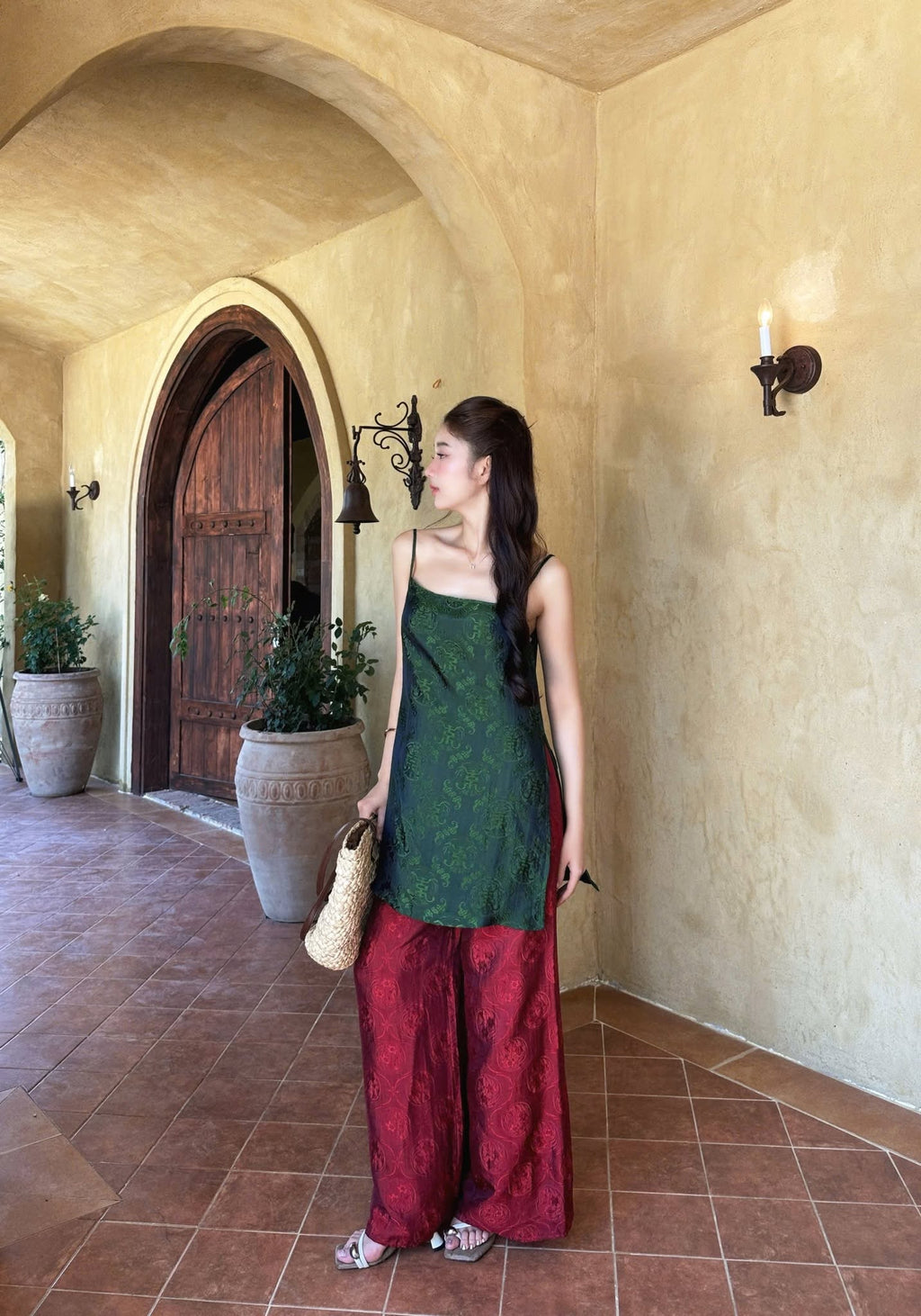 “Ngoc Nga” Cami Set – Wormsilk in Forest Jade with Crimson Pants