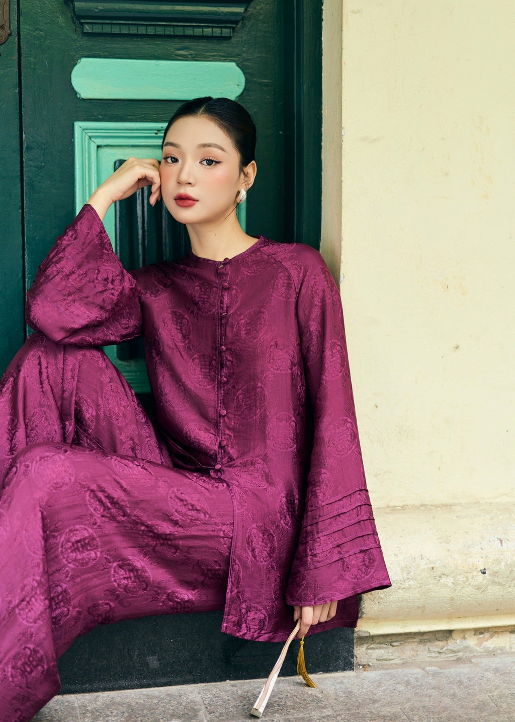 “Tú Lệ” Ba ba Set - Pleated sleeved wormsilk in Imperial Mulberry