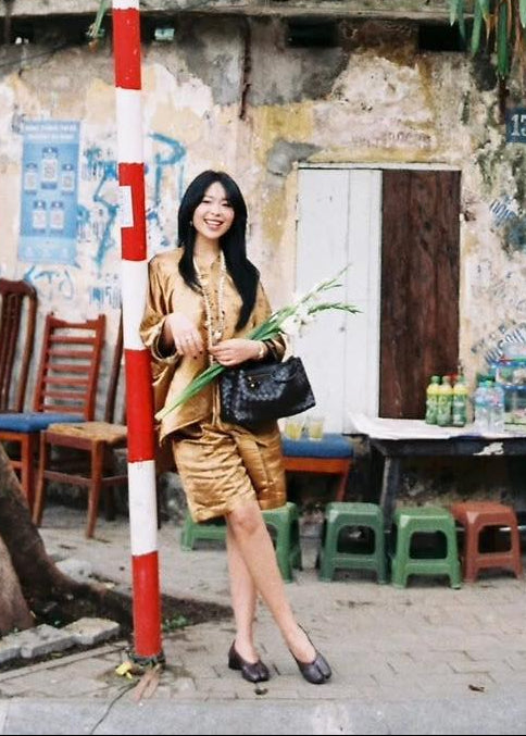 Vietnamese Ao Dai - Rita Short Modernized Bà Ba Set - Brocade Silk - styled presentation in gold by H2B a la Mode