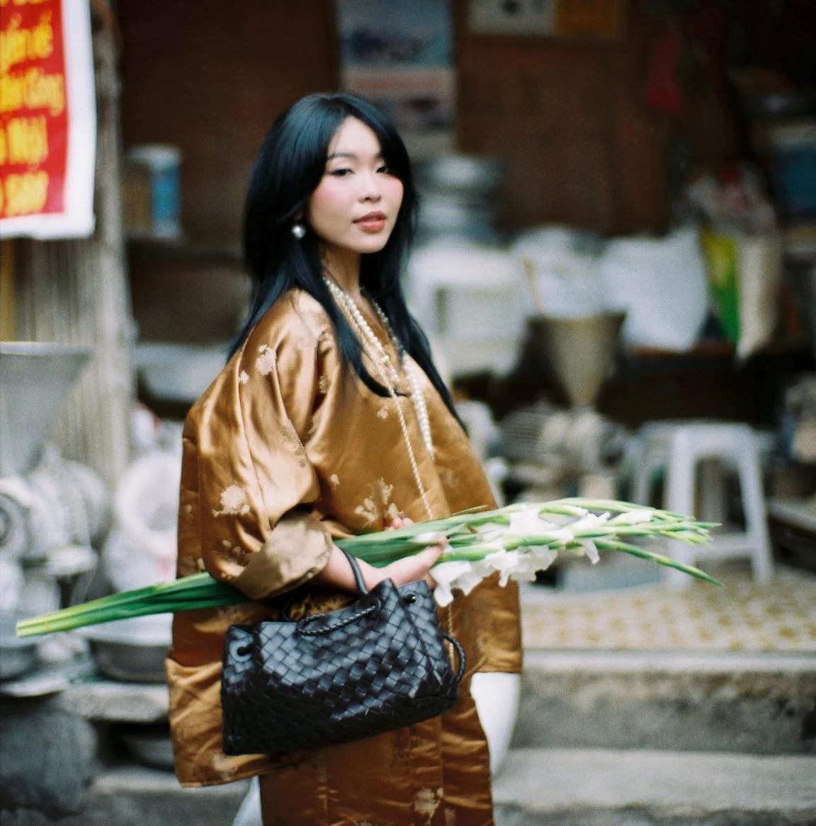 "Rita" Short Modernized Bà Ba Set - Brocade Silk in Gold