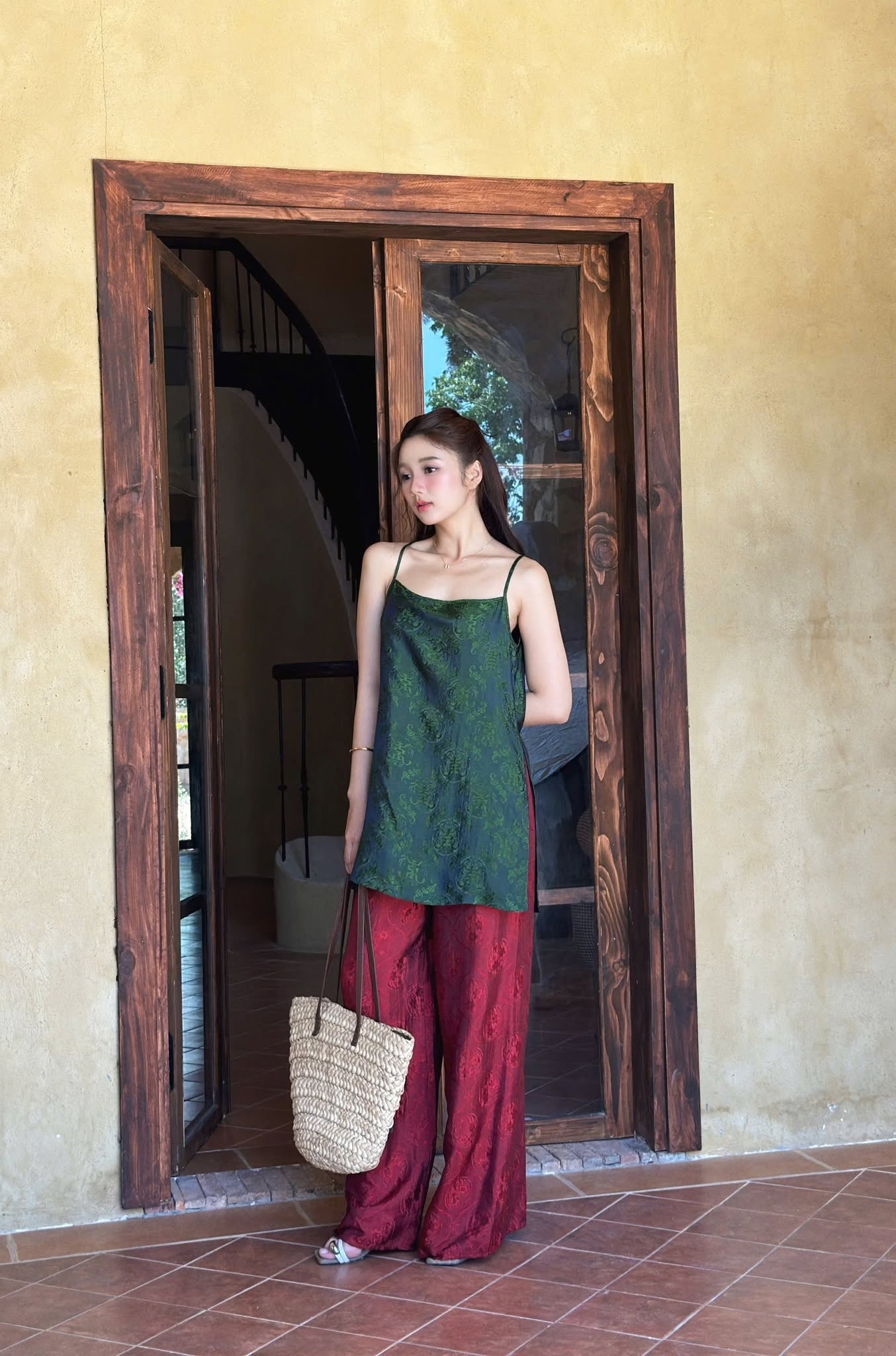 “Ngoc Nga” Cami Set – Wormsilk in Forest Jade with Crimson Pants