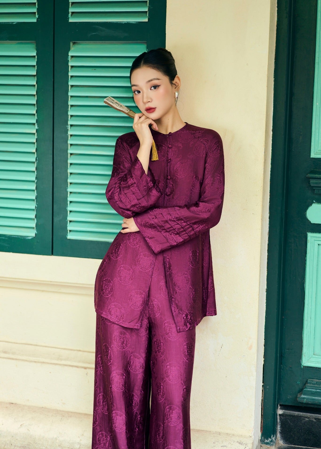 “Tú Lệ” Ba ba Set - Pleated sleeved wormsilk in Imperial Mulberry