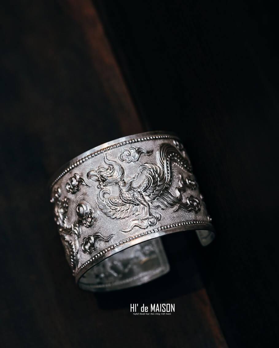 "Long Phụng" – Heritage Dragon & Phoenix Cuff in Pure 99.9% Silver