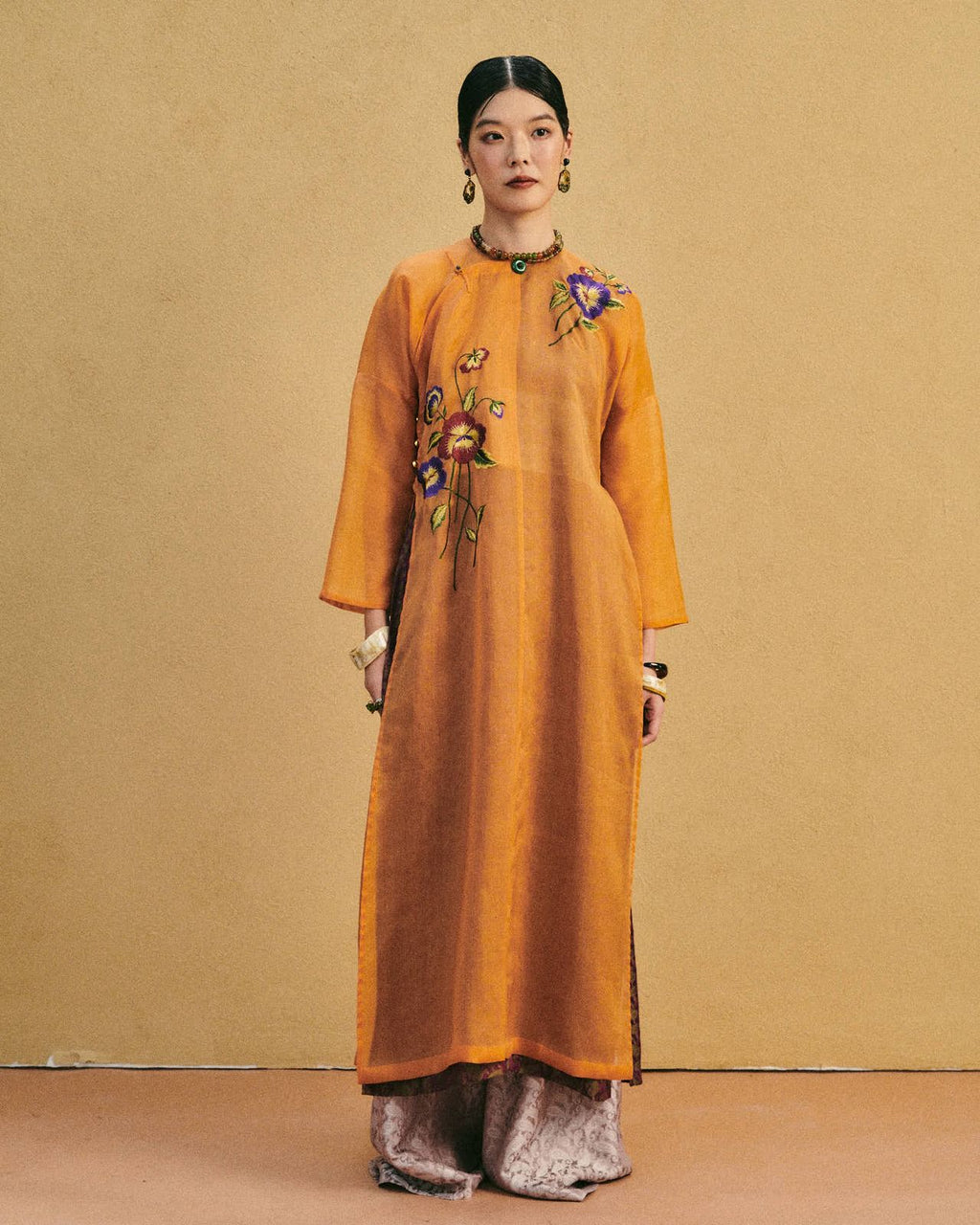 [Limited Edition] Verdant Bloom Ao-dai Set - Luxury Dual-layered Hand-Embroidered Organza and Silk Ensemble - front view