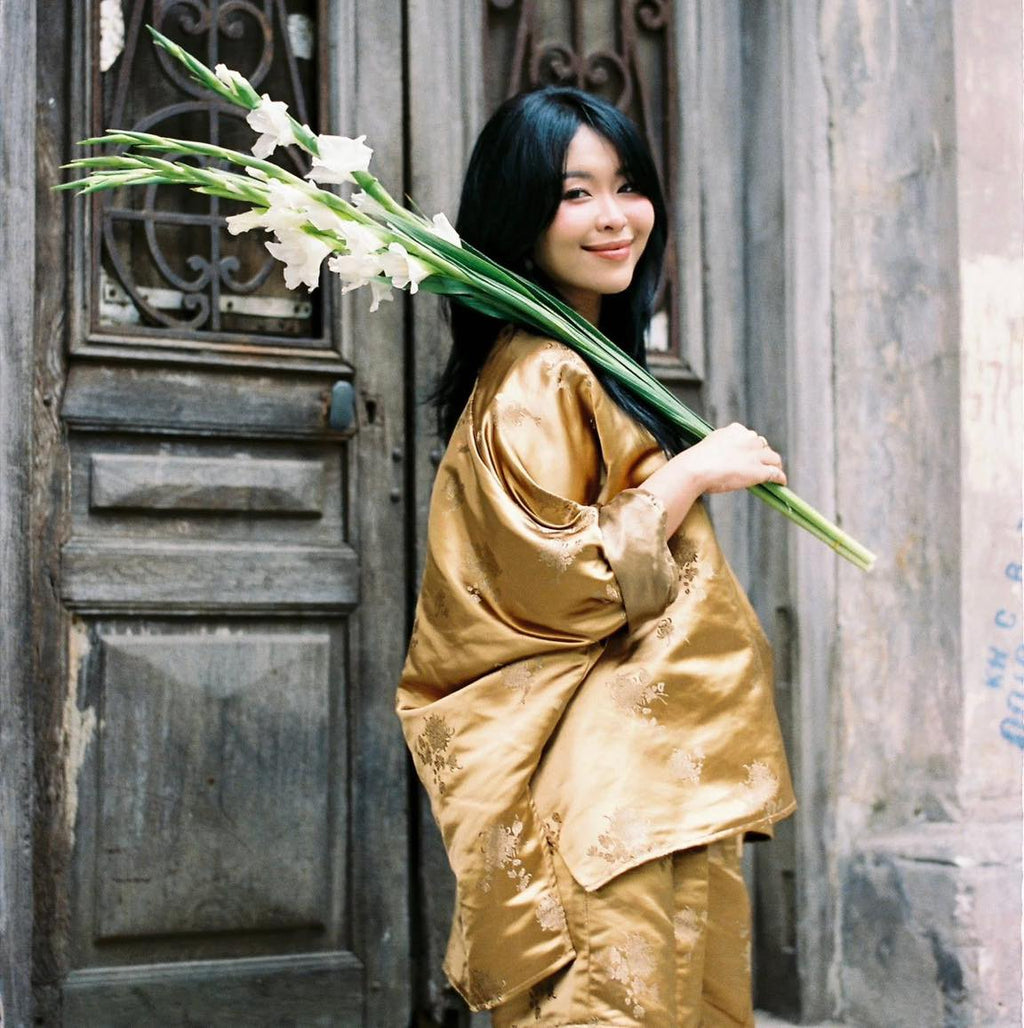 Vietnamese Ao Dai - Rita Short Modernized Bà Ba Set - Brocade Silk - side profile in gold by H2B a la Mode