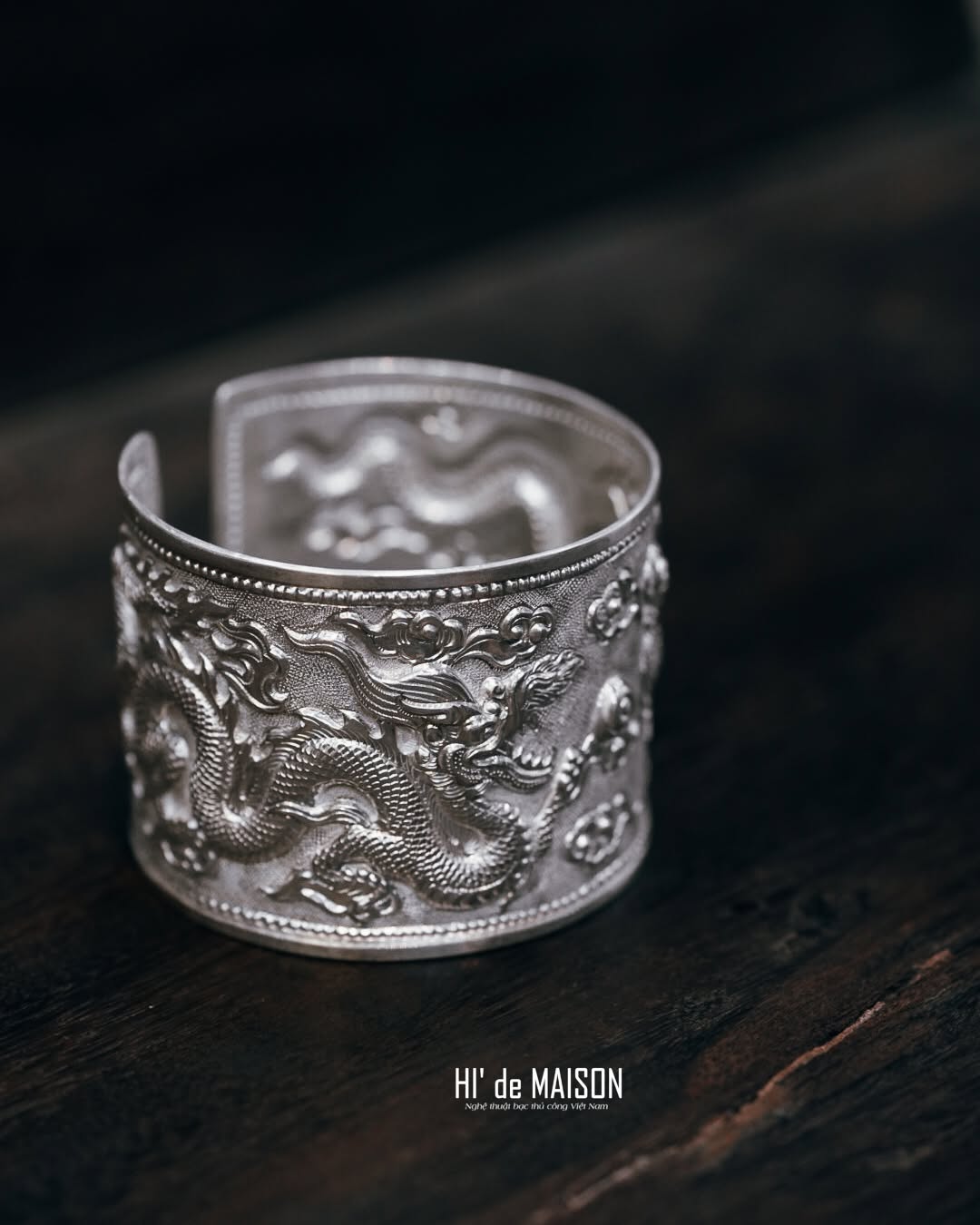 "Long Phụng" – Heritage Dragon & Phoenix Cuff in Pure 99.9% Silver