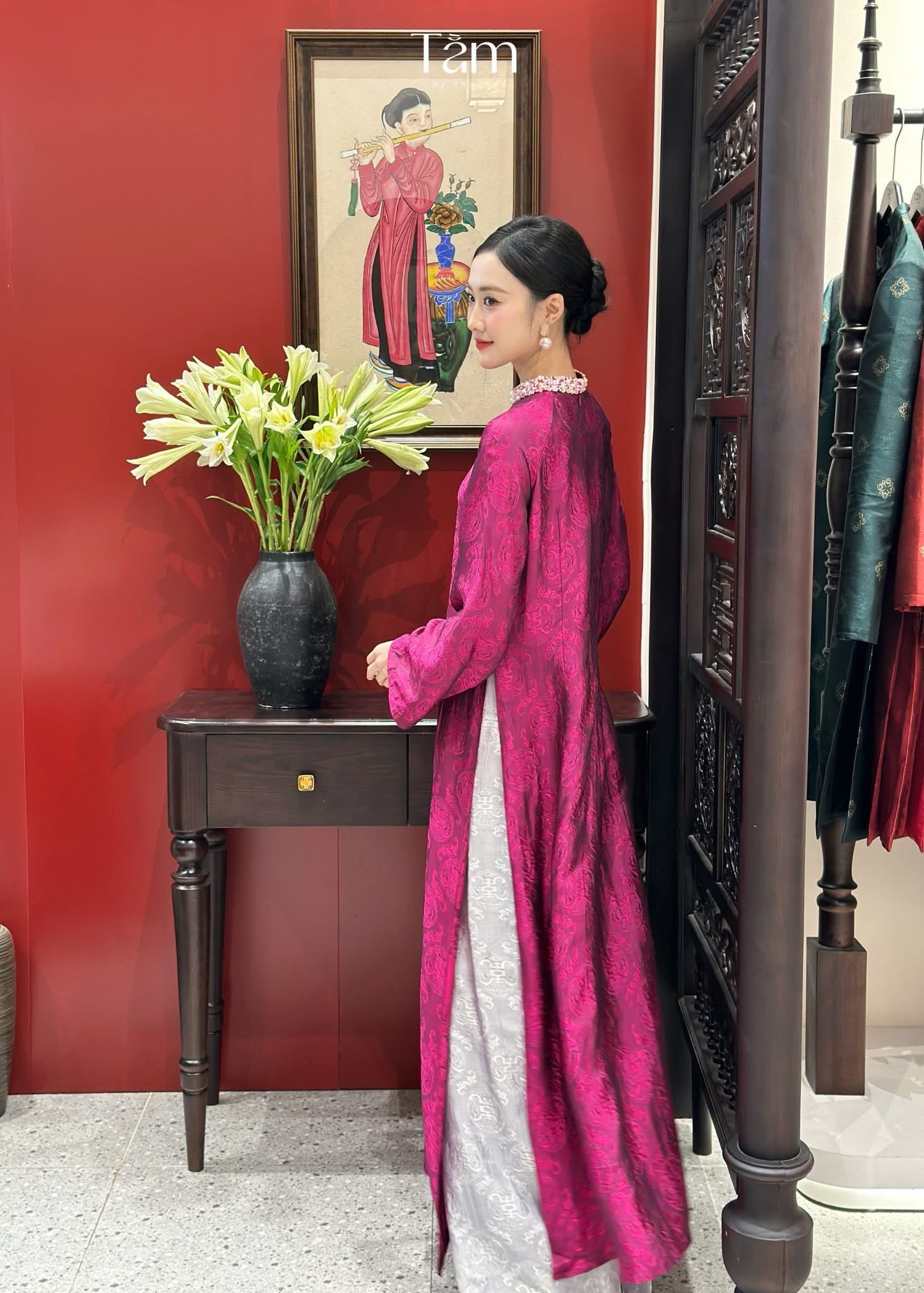 Dao Đài - Wormsilk Modern Ao Dai Set with beaded Collar in Deep Magenta - side profile by Tam