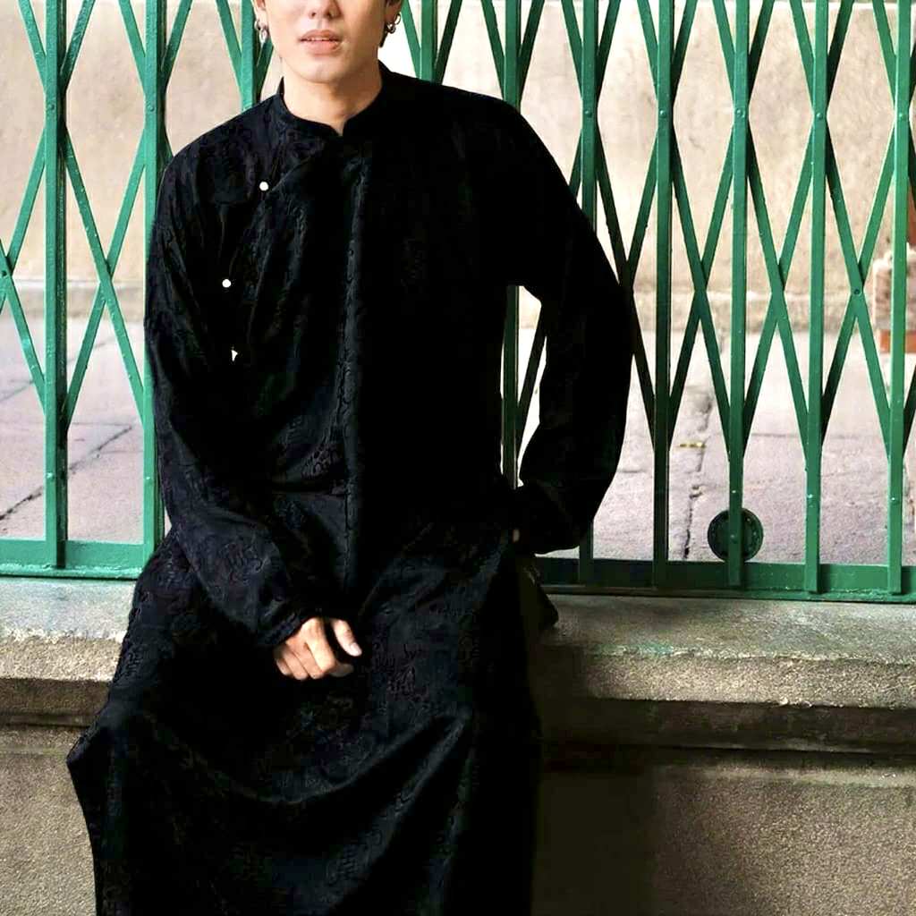 Vietnamese Embroidery - Loc Tho Ao Dai for Men - Wormsilk - front view in brocade in black by Moc - Men
