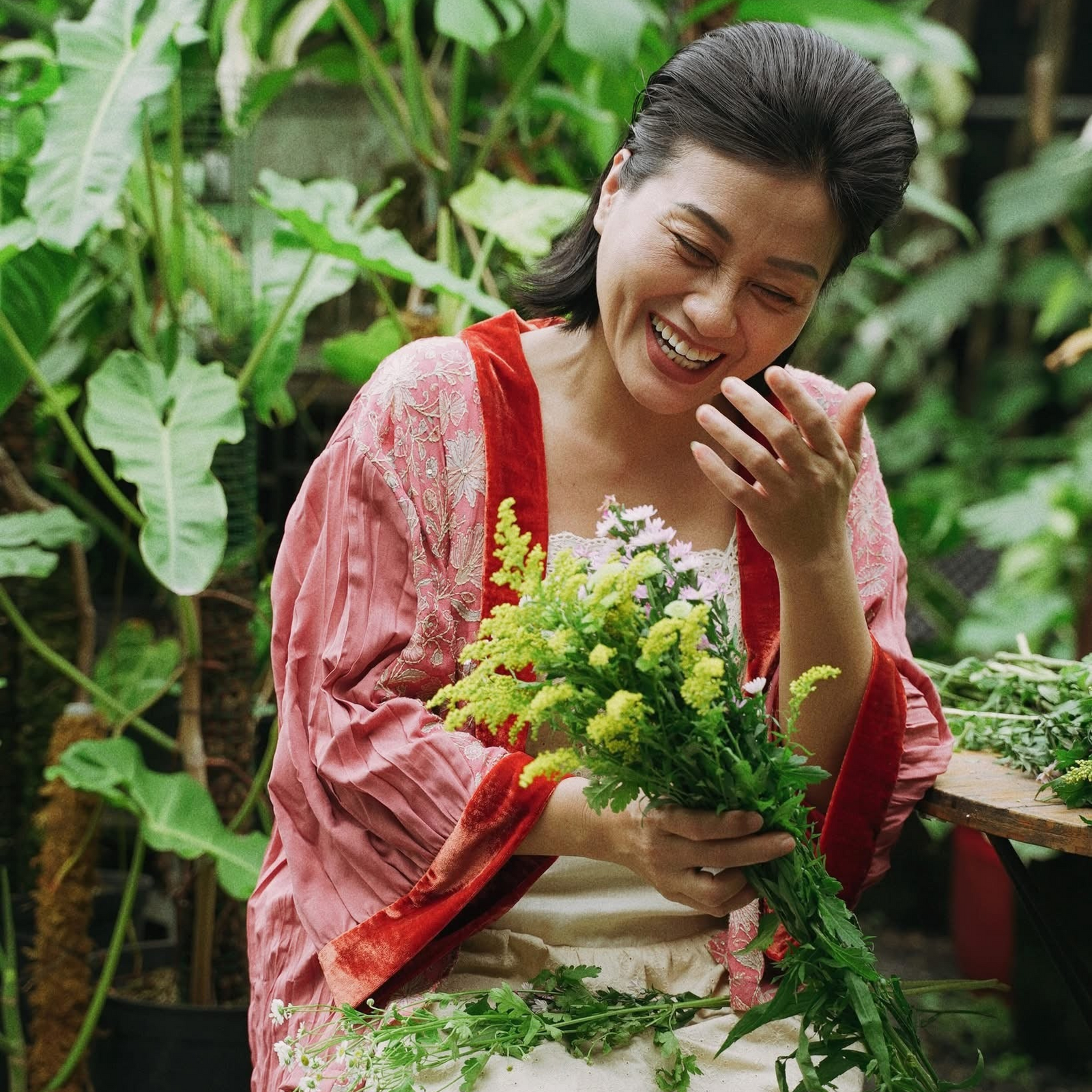 Yuki - Embroidered Chiffon Short Cardigan - Pink Shade with Orange Suede liner - styled presentation by Huulala