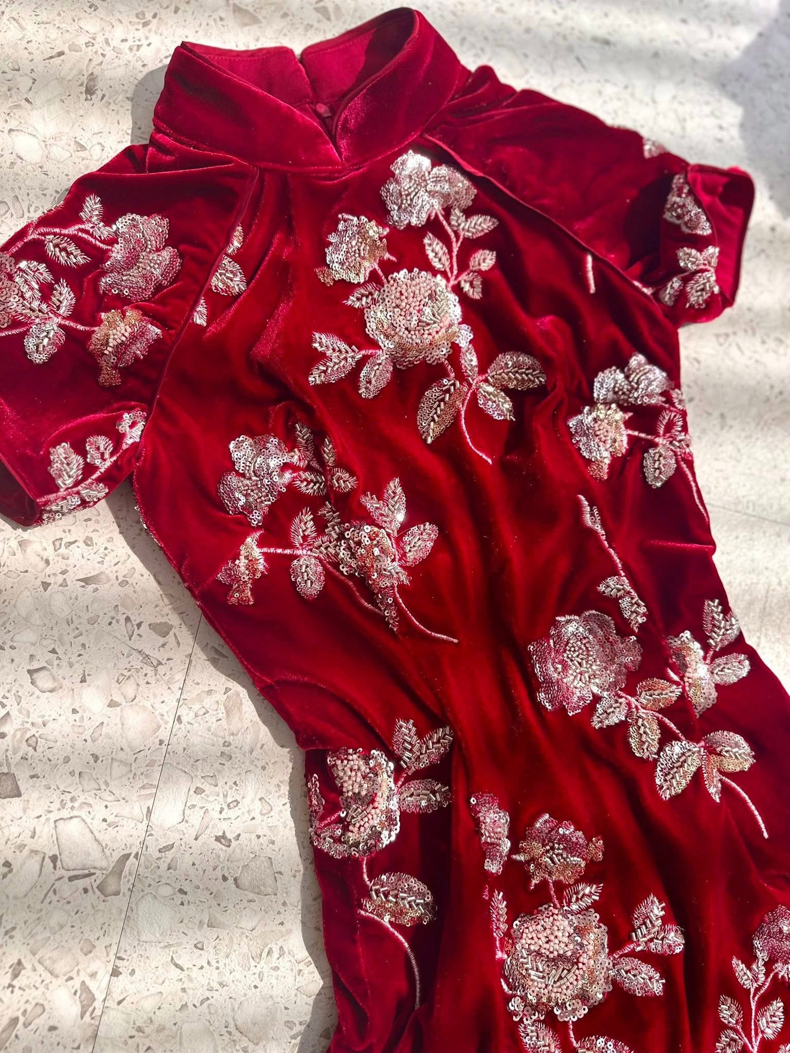 Vietnamese Embroidery - Crimson Peony Cheongsam - Velvet in Deep Red with embellishments - flat lay display in red by Saang