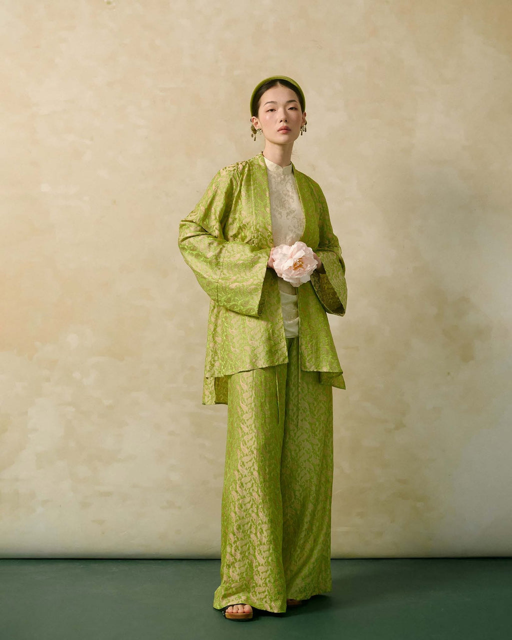 “Silken Poise” Cardigan – Worm Silk Heritage in Antique Young Rice Celadon - front view by Hy Phuong