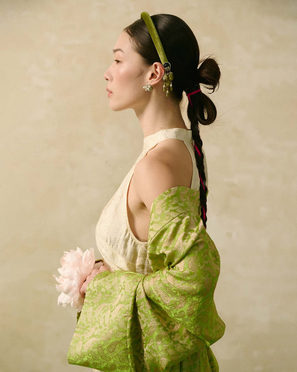 Vietnamese Ao Dai - “Silken Poise” Cardigan – Worm Silk Heritage in Antique Moss - side profile in green by Hy Phuong