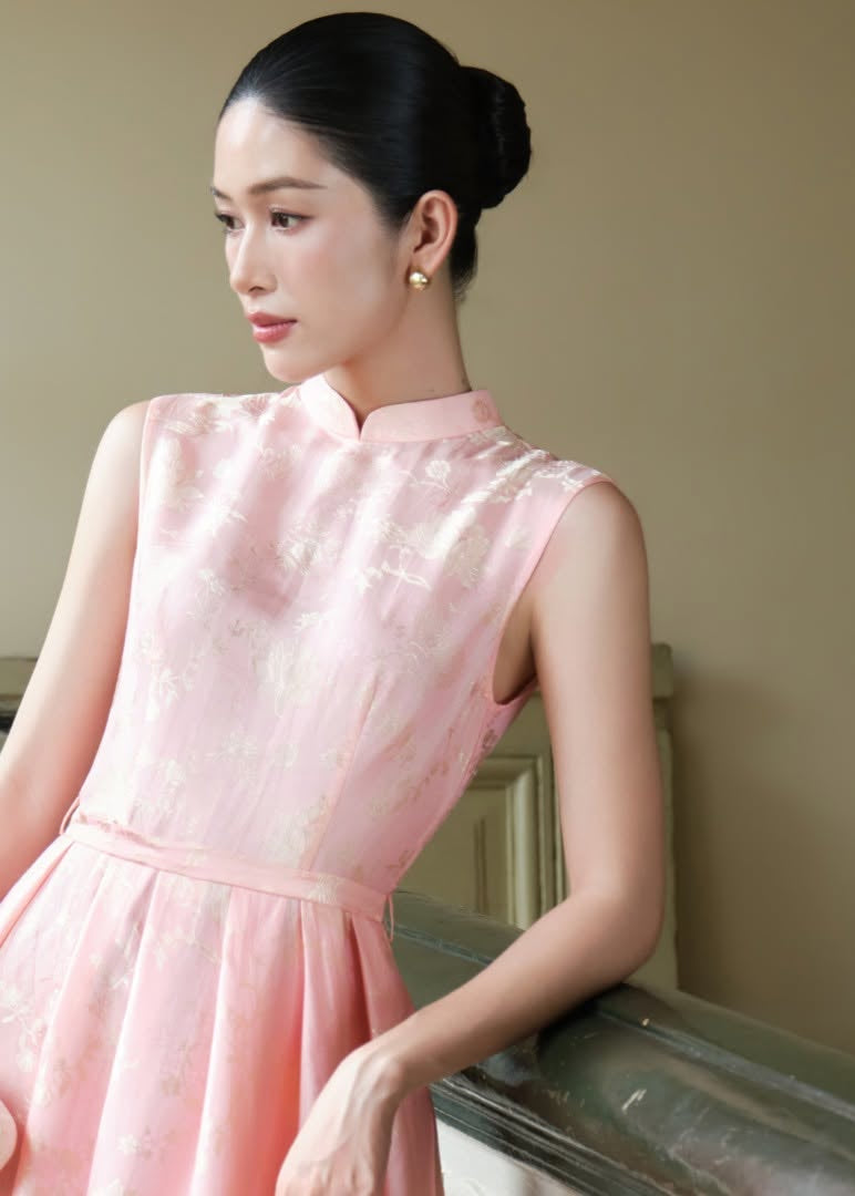 “Celeste” Dress – Lotus Jacquard womsilk Dress in Blush Pink