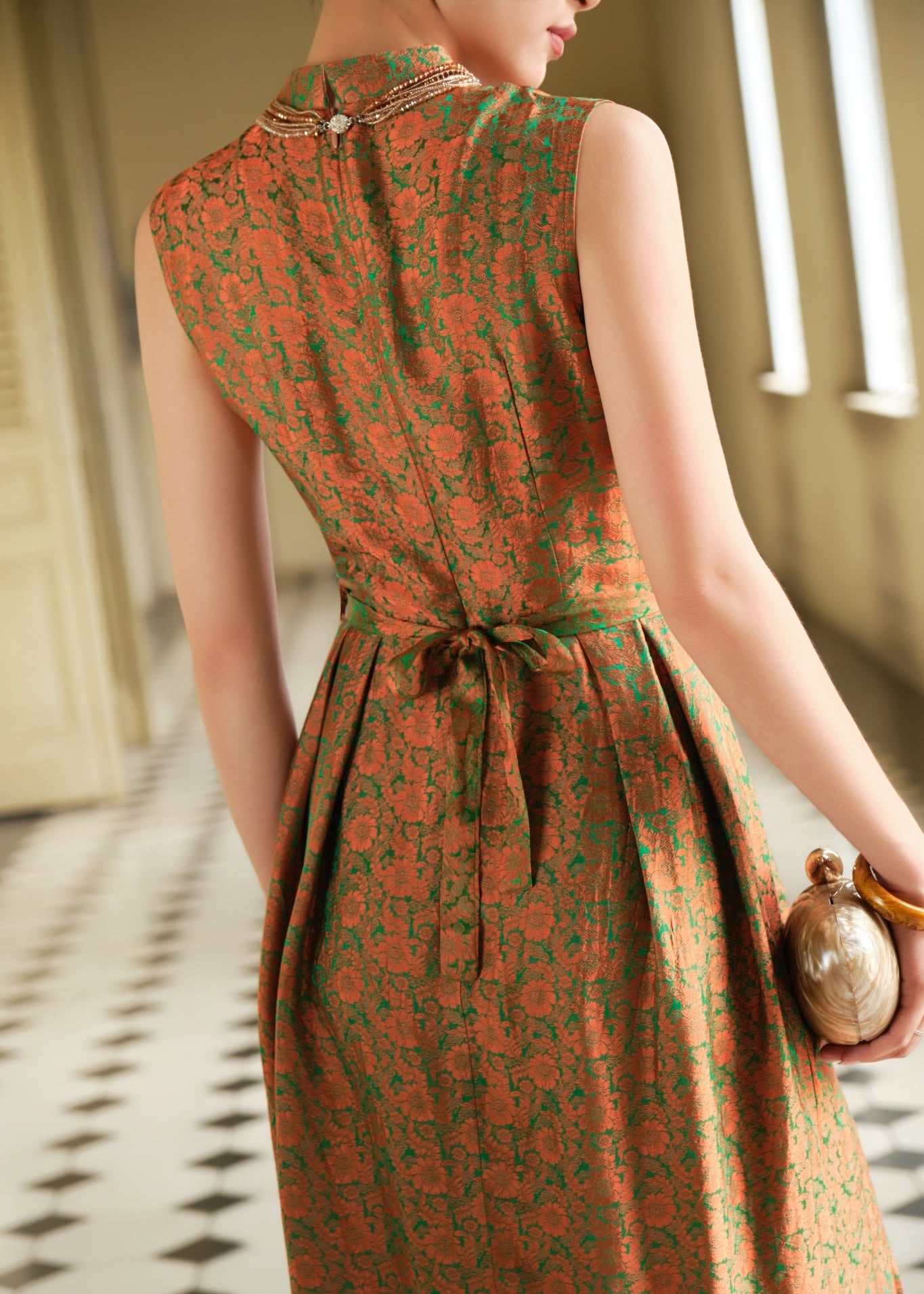 Vietnamese Ao Dai - “Celeste” Dress – Daisy Jacquard womsilk Dress in Copper Jade - back view in brocade in orange by Tam